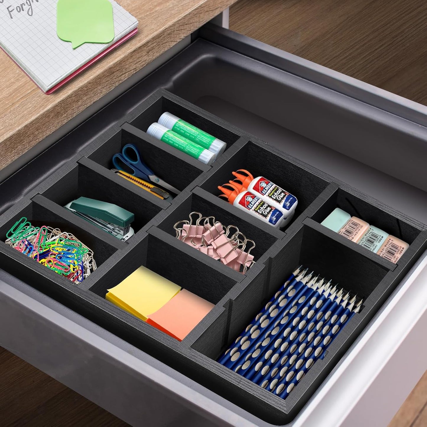 Desk Drawer Organizer Tray with 9 Adjustable Compartments, Wooden Office Desk Accessories Supplies Organization Storage for Desktop Bathroom Vanity Makeup Black