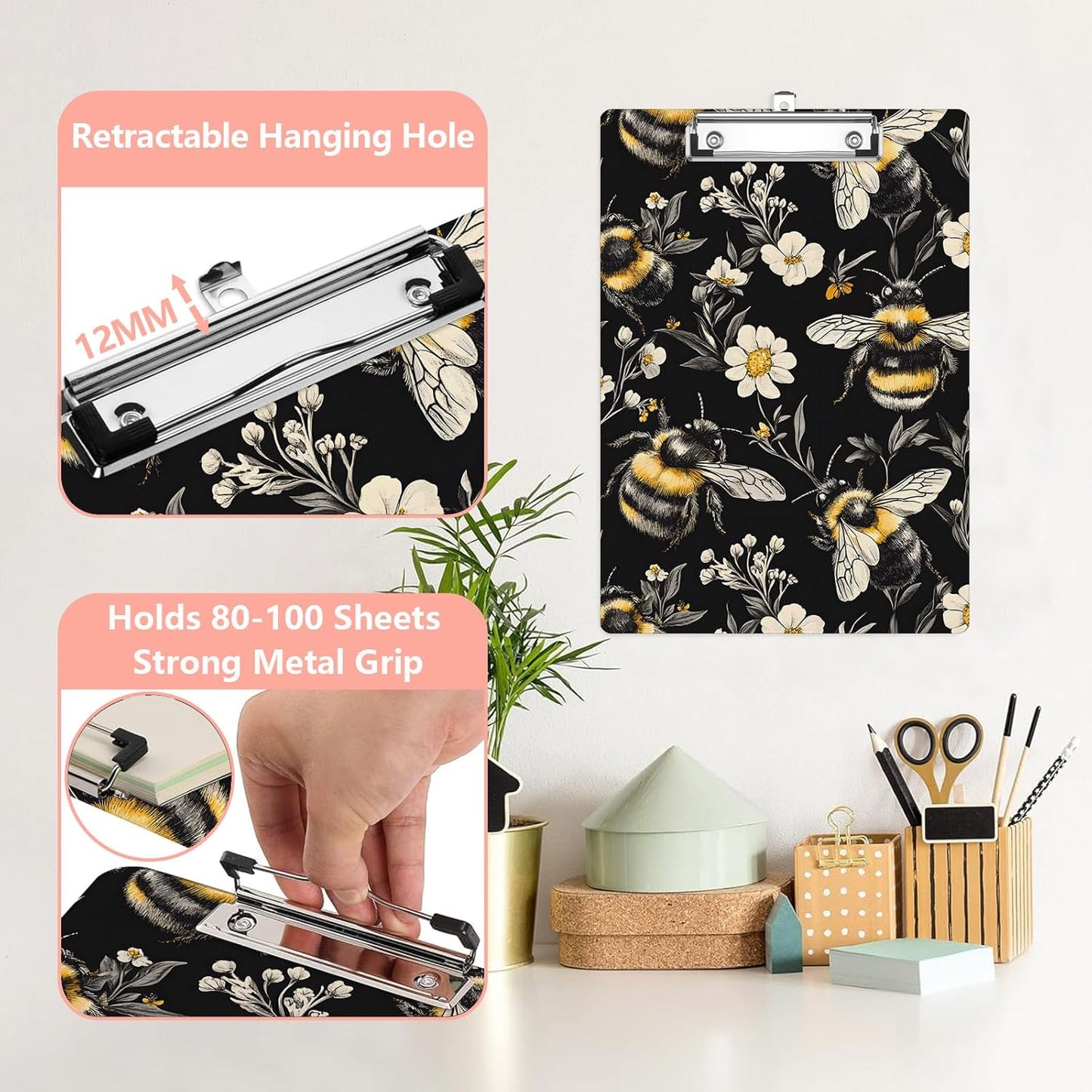 Honeybee White Daisy Plastic Clipboards,Cute Fashion Clipboard Decorative 8.5" x 12.5"Standard A4 Size Clipboards,Acrylic Clipboard for Teacher,Social Worker,Students,Nurse,Office Supplies