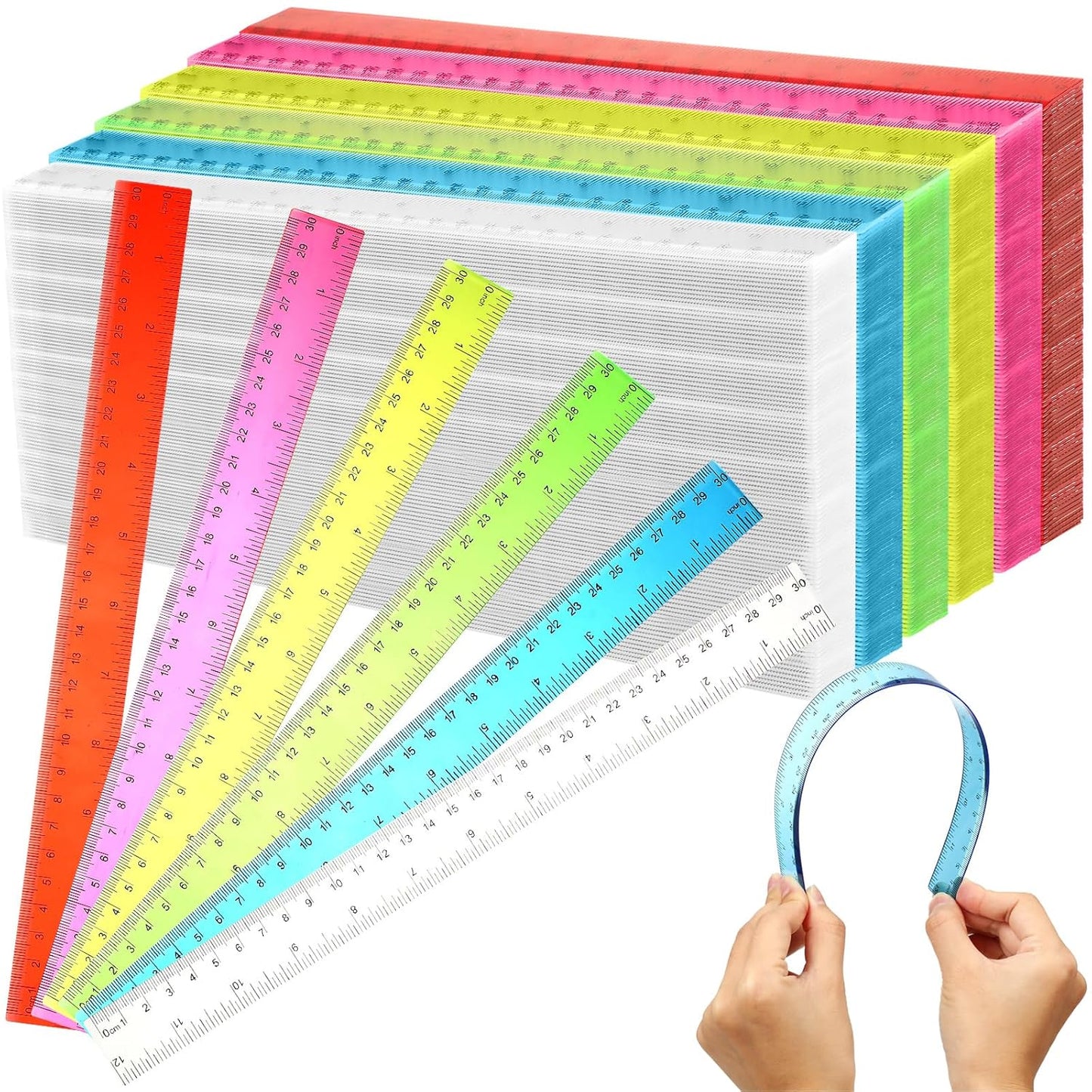 Fumete 600 Pack 12 Inch Plastic Rulers Bulk for Classroom Operation Christmas Supplies Flexible Transparent Assorted Color Ruler with Centimeters and Inches for Office Teacher Student