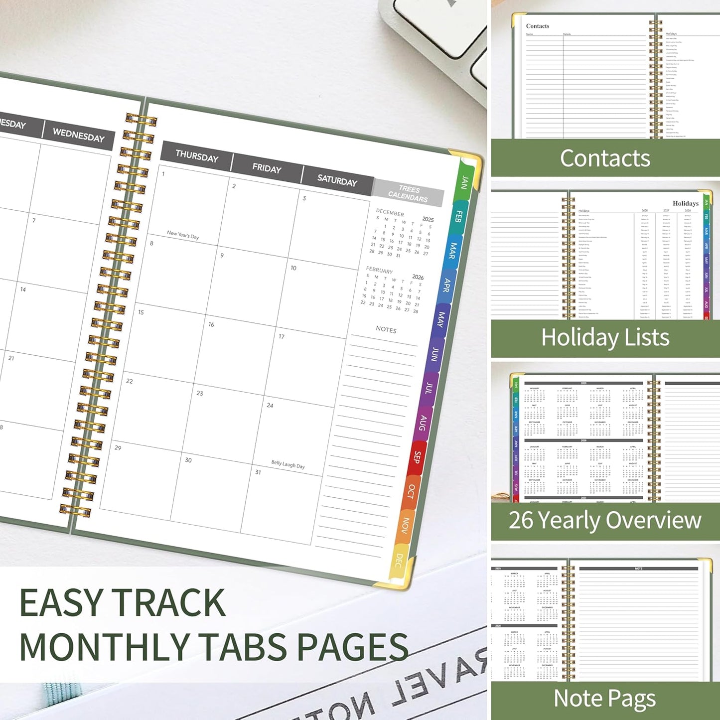 2026 Appointment Book/Planner - 2026 Daily Hourly Planner from Jan. 2026 - Dec. 2026, Weekly appointment Book 2026, 2026 Hourly planner with 20-Minute Interval, 9" x 11", Twin-Wire Binding, Colorful Tabs, Pocket - Green