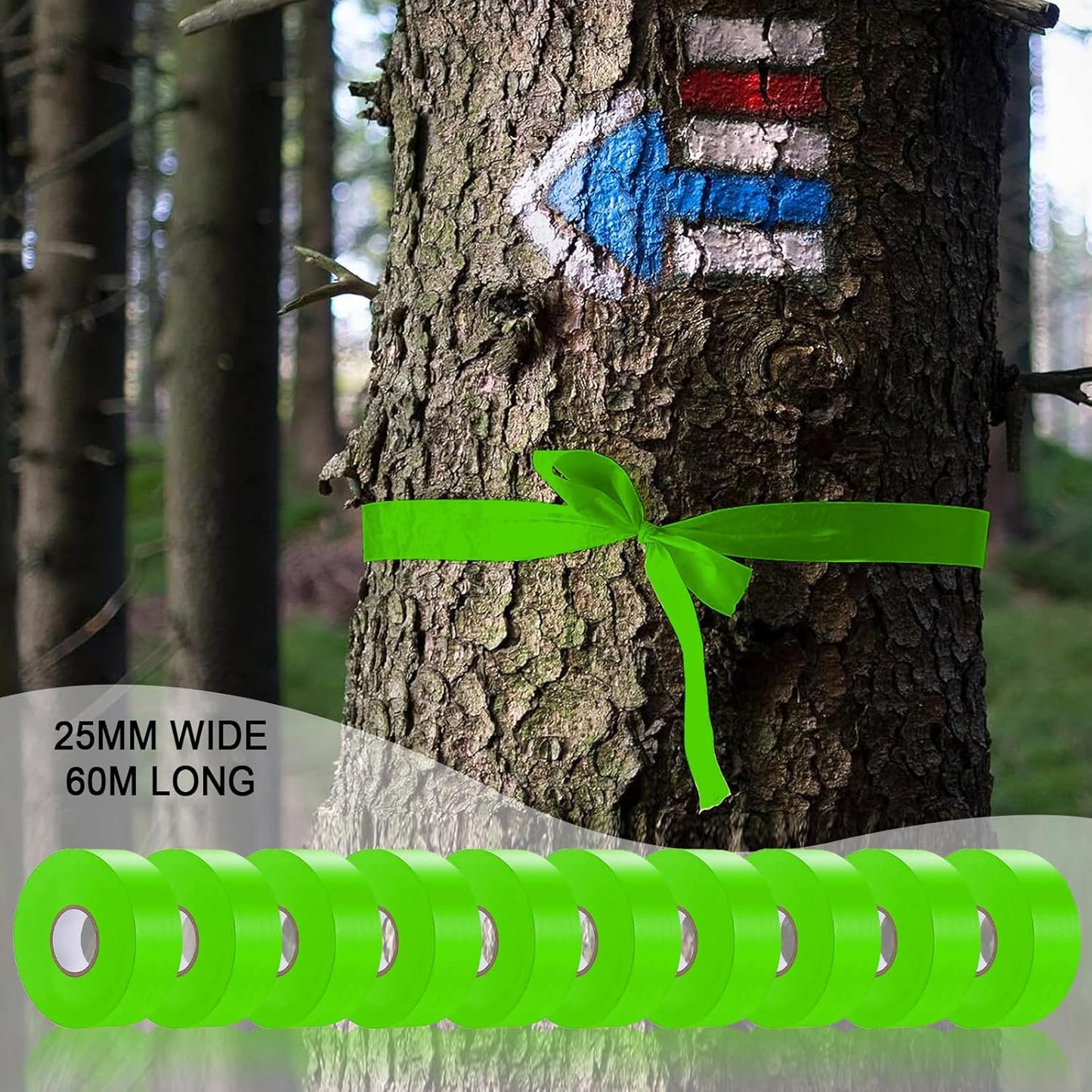 10 Pack Green Flagging Tape, Non-Adhesive Plastic Ribbon Neon Marking Roll,1inch*2000ft, Marking Tape for Tree Marking, Hunting, Boundaries and Hazardous Areas,Trail Marking