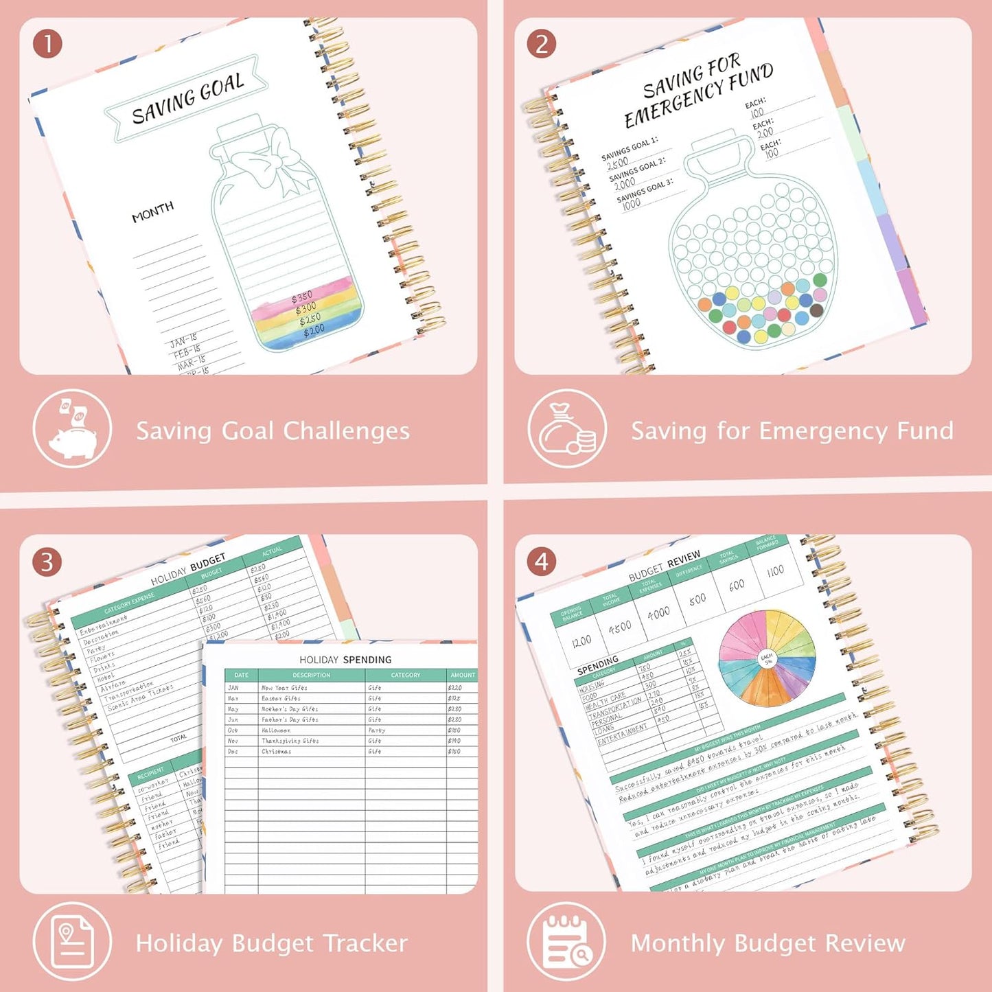 Ospelelf Budget Planner - Monthly Budget Book with Expense Tracker Notebook, Undated 12 Month Bill Organizer & Finance Planner, A4 Account Book with 12 Index Pockets, Zipper Pouch, Stickers Floral 2