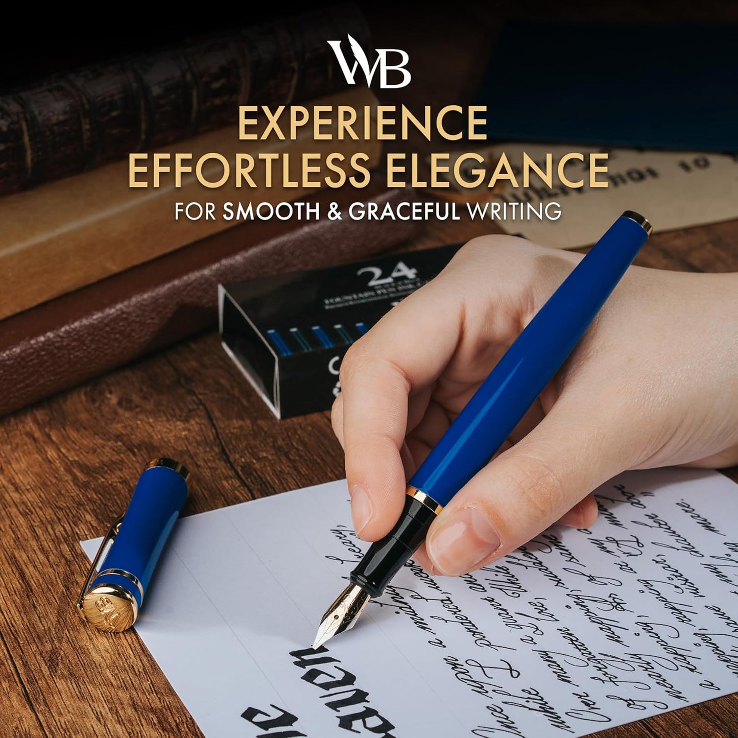 Wordsworth & Black Fountain Pen Set, 18K Gilded Broad Nib, Includes 24 Pack Ink Cartridges, Ink Refill Converter & Gift Box, Gold Finish, Calligraphy, [Imperial Blue], Perfect for Men & Women