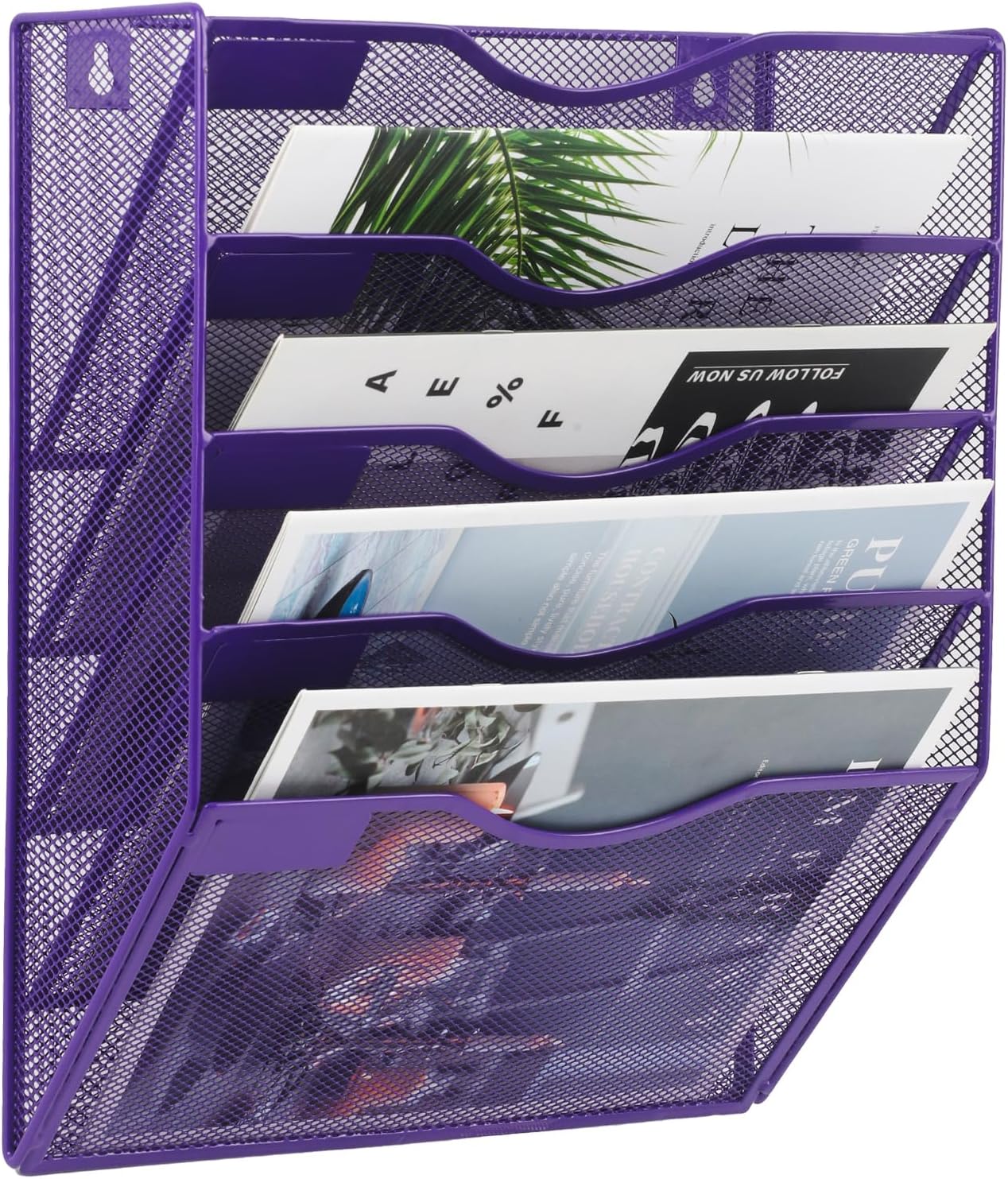 EASEPRES 5 Pocket Mesh Hanging Wall File Organizer, Wall Mounted Mail Paper Document Folder Holder, Clipboard Storage Organization Magazine Rack with Nametag Label for Office Home School, Purple