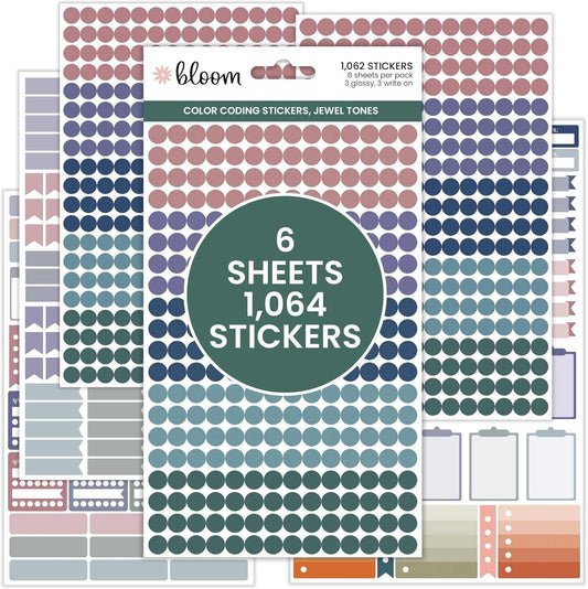 bloom daily planners Color Coding Planner Stickers - 1/4" Minimalist Dot Labels - Six Sheets, 1000+ Stickers Per Pack! - Jewel Tones