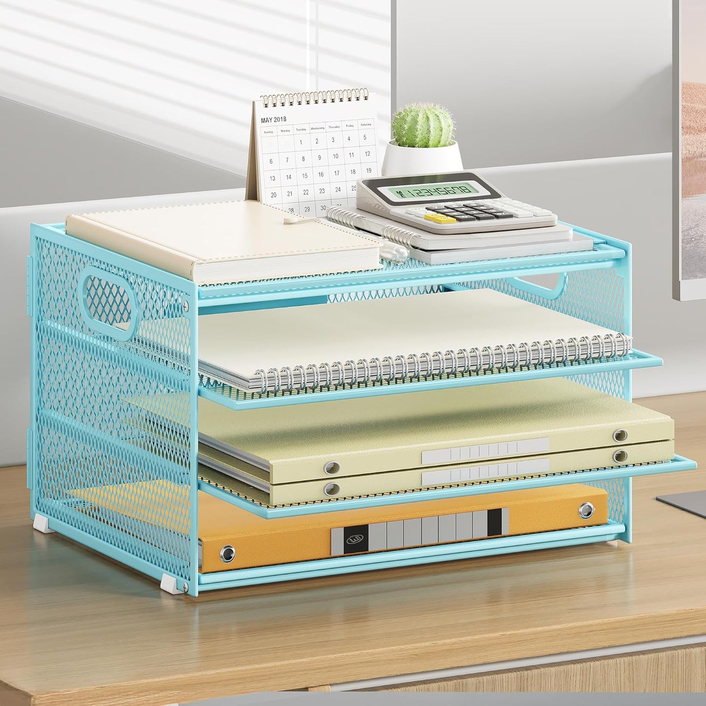 Subekyu Paper Letter Tray Organizer for Desk, Blue Metal Mesh Desk File Sorter Organizer with Handle and 2 Sliding Trays for Home Office School Supplies Organization