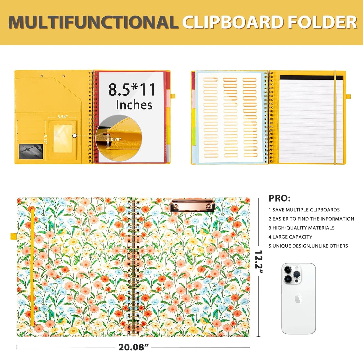 Clipboard with Storage for Men Women, Leather Padfolio Portfolio Organizer 5 Folders with 10 Pockets, Spiral Clipboard Folio with Notepad for Letter Size, Elastic Closure and Pen Loop Floral