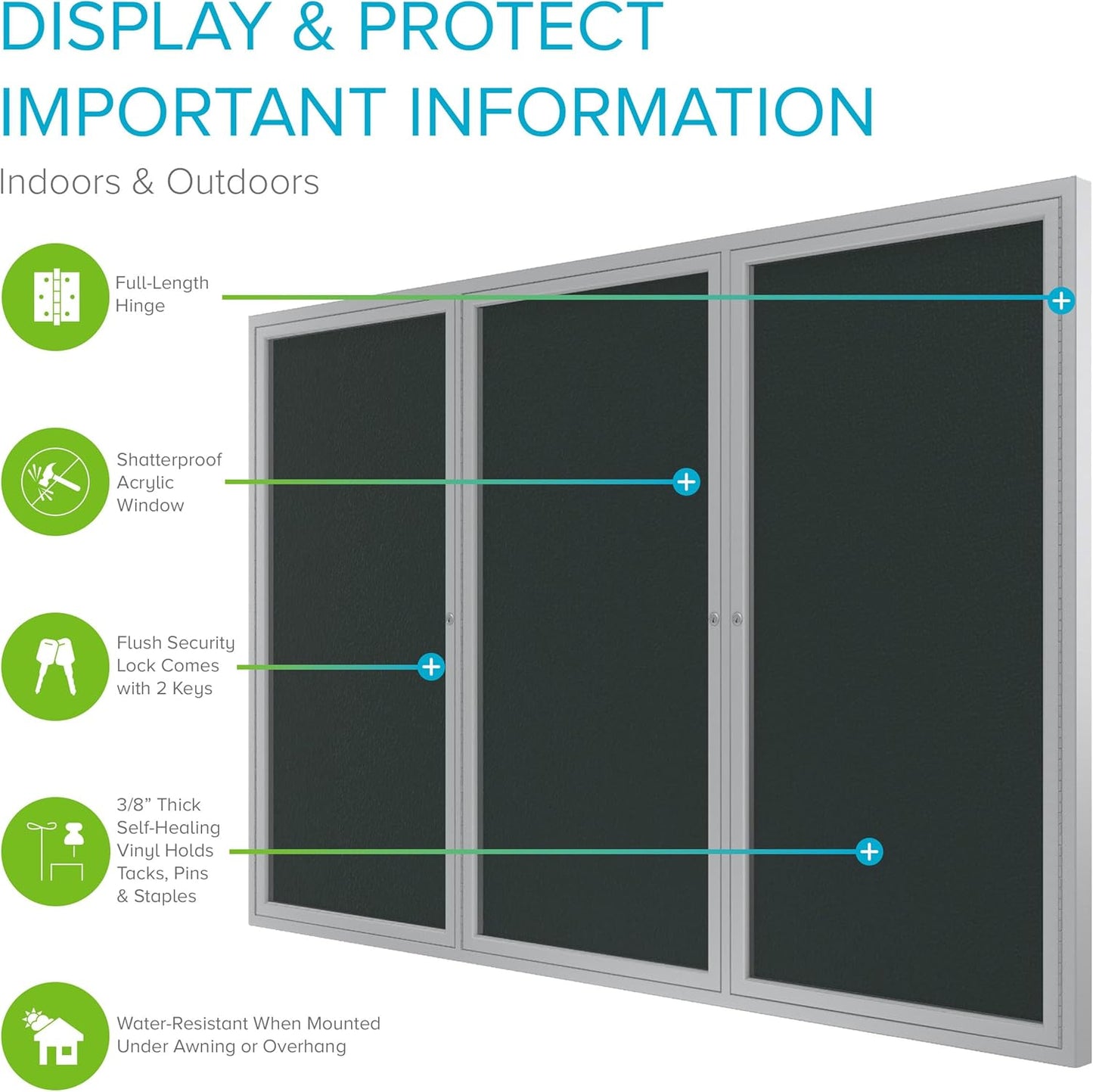 Ghent 48"x96" 3-Door Outdoor Enclosed Vinyl Bulletin Board, Shatter Resistant, with Lock, Satin Aluminum Frame - Ebony (PA34896VX-183), Made in the USA