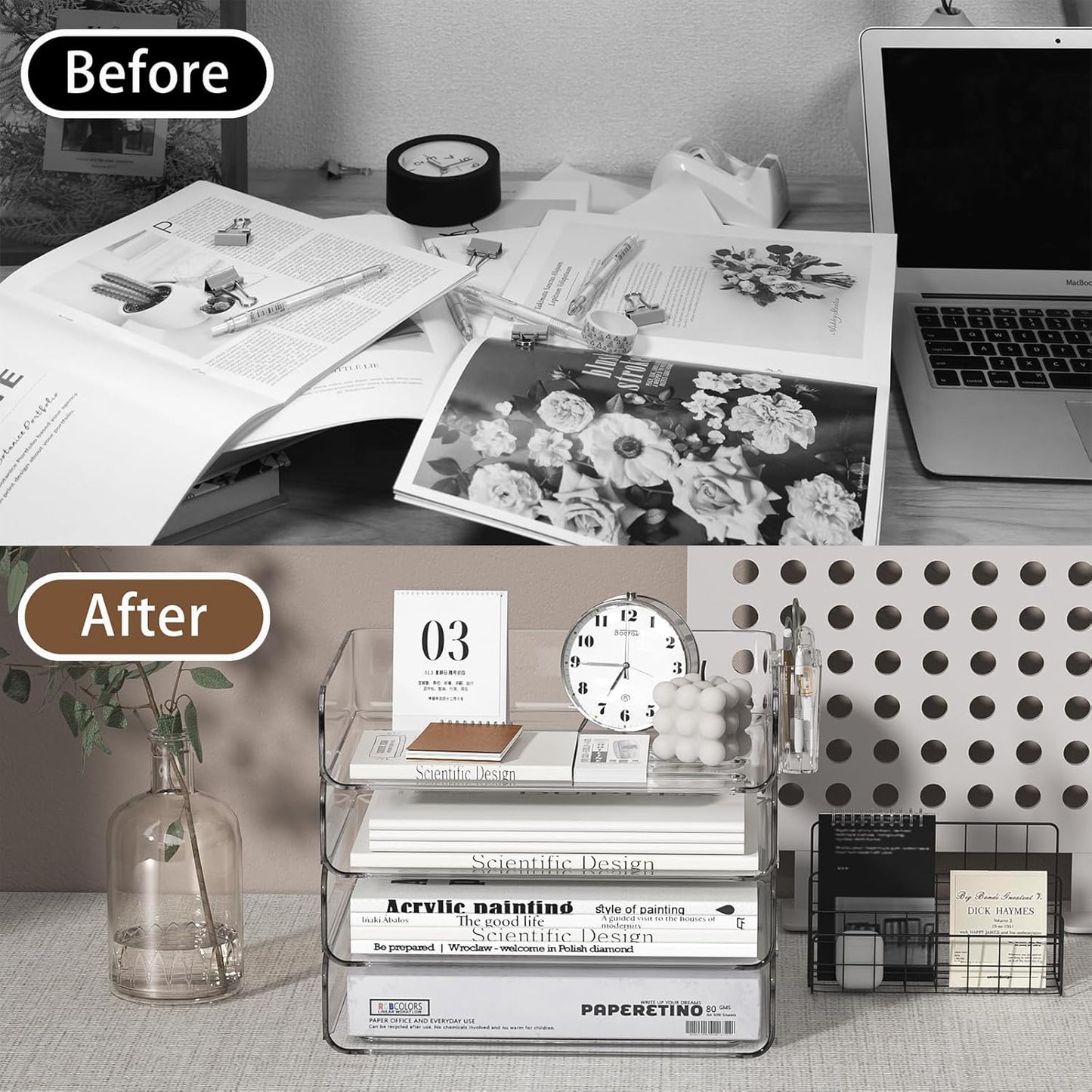 4-Tier Stackable Paper Tray Organizer for Desk with Detachable Hanging Pen Cup - Durable PET Desktop Paper Organizer, Space-Saving Desk Accessory