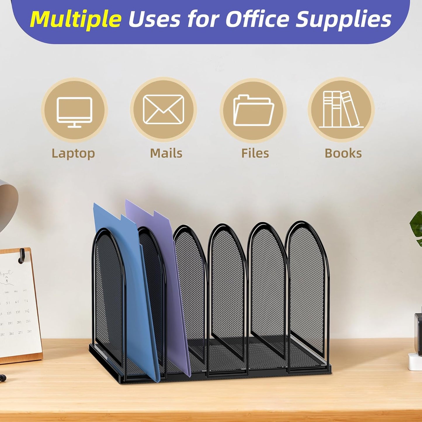 SUPEASY File Organizer for Desk, 5-Section Mesh Desk Organizer, Vertical File Holder Desktop Organizer File Sorter, File Folder Holder for Office Supplies, Black