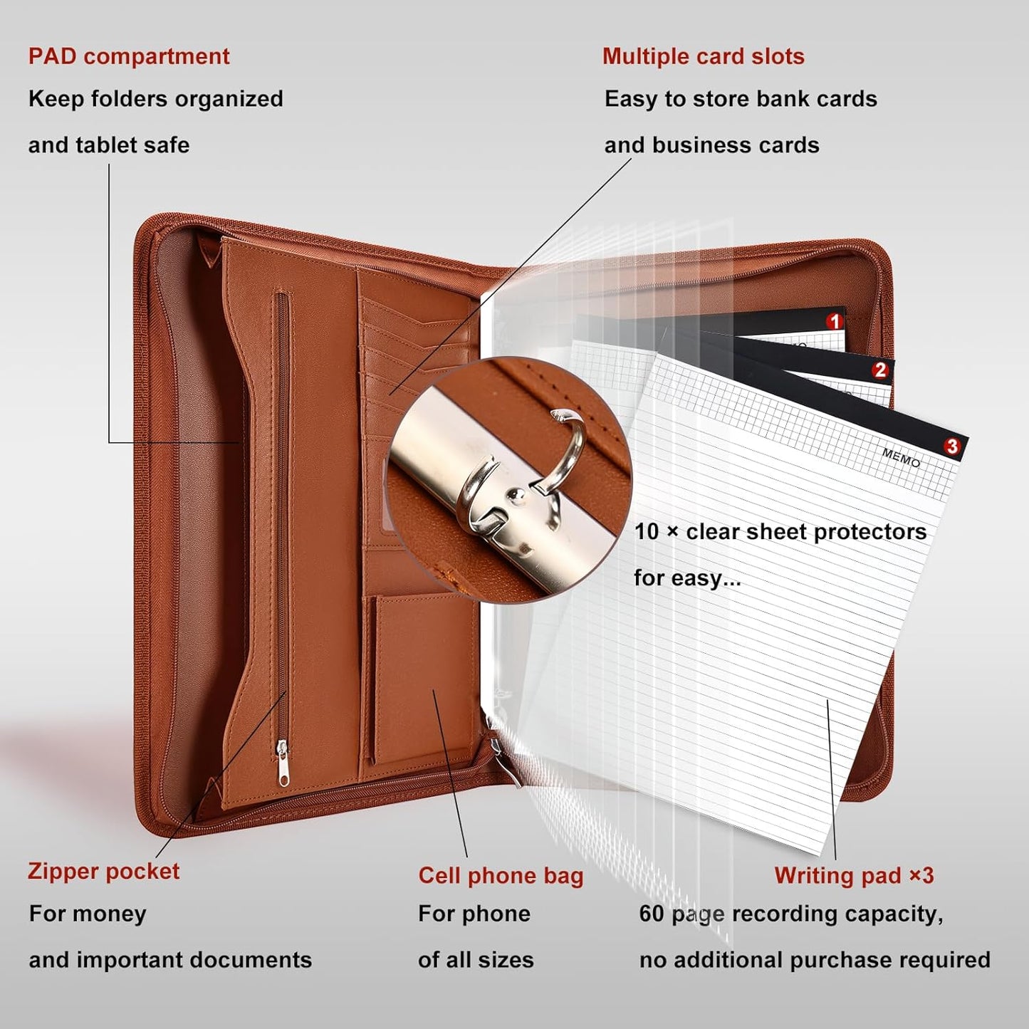 Leathario Portfolio Binder, Includes 10 Sheet Protectors and 3 Notepads, 3-Ring Folder Organizer, A4 Padfolio with Zipper, Vegan Leather Tablet Sleeve, Business Office Conference Clipboards