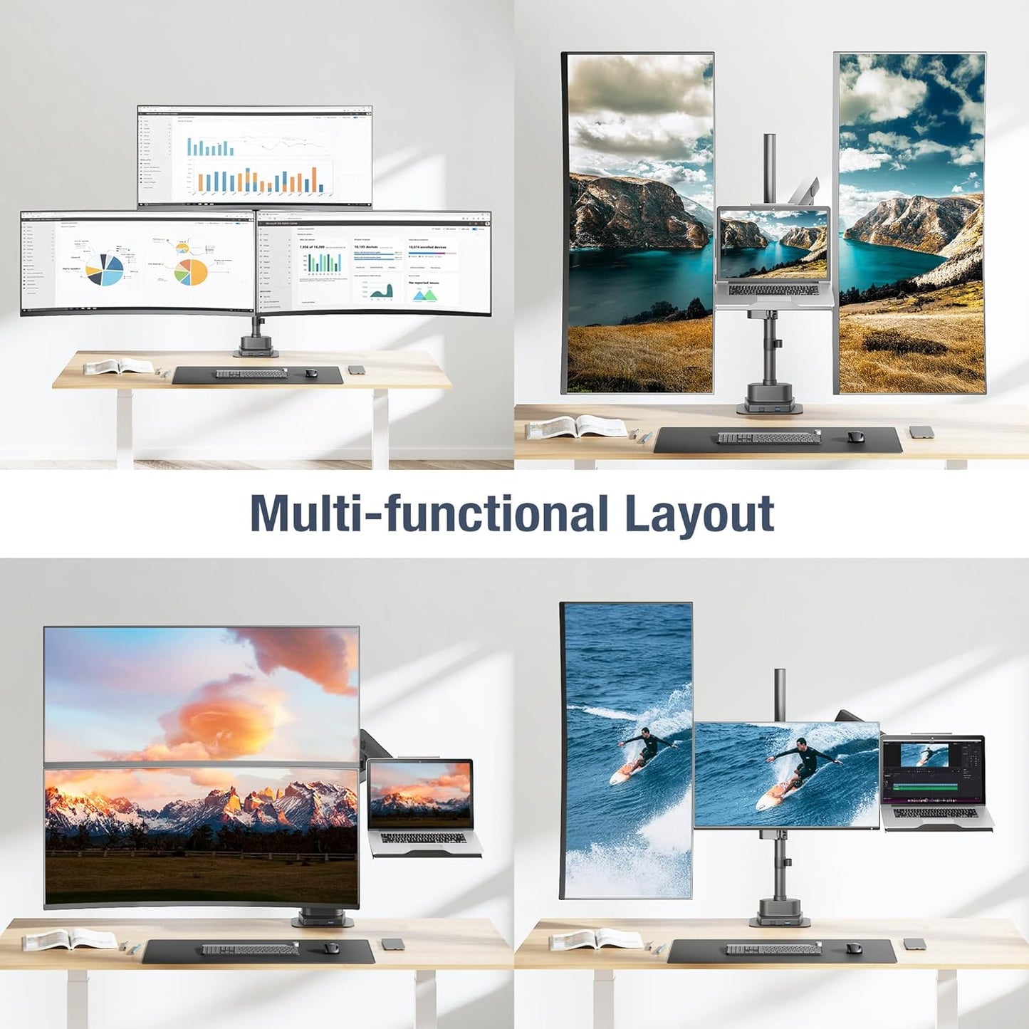 AVLT Laptop & Dual 40 Inch Stacking Monitor Arm Pole Top Mount with USB-C USB-A Ports-Black, Supports 26.4 lbs (12kg), Ultrawide Screen Fit, VESA Compatible, Multi-Screen, Ergonomic Workspace Upgrade