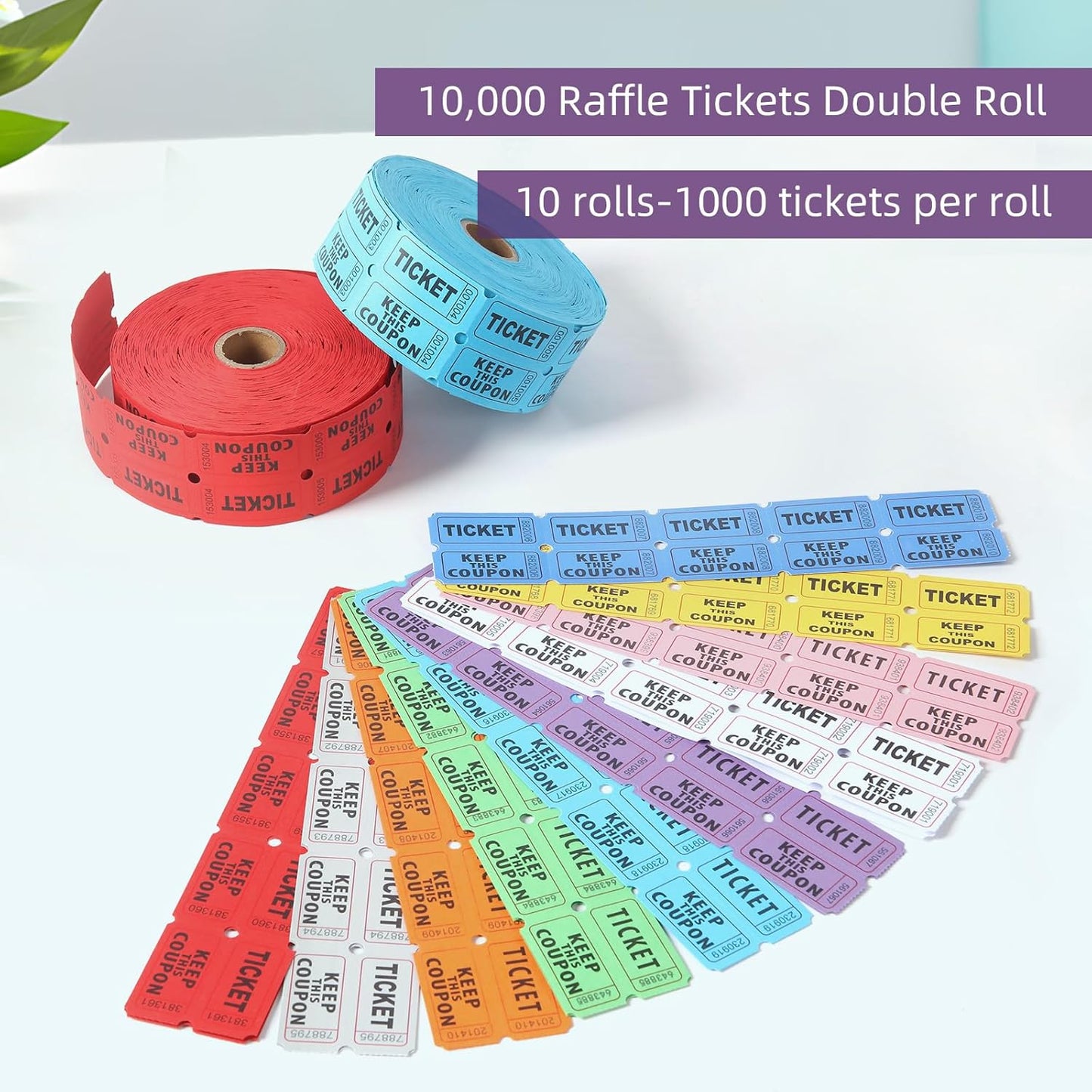 10,000 Raffle Tickets 10 Rolls of 1000 Tickets Each Raffle Tickets Double Roll 50/50 Raffle Tickets for Events Party Entry Carnivals Classroom Rewards (10 Color 10,000)