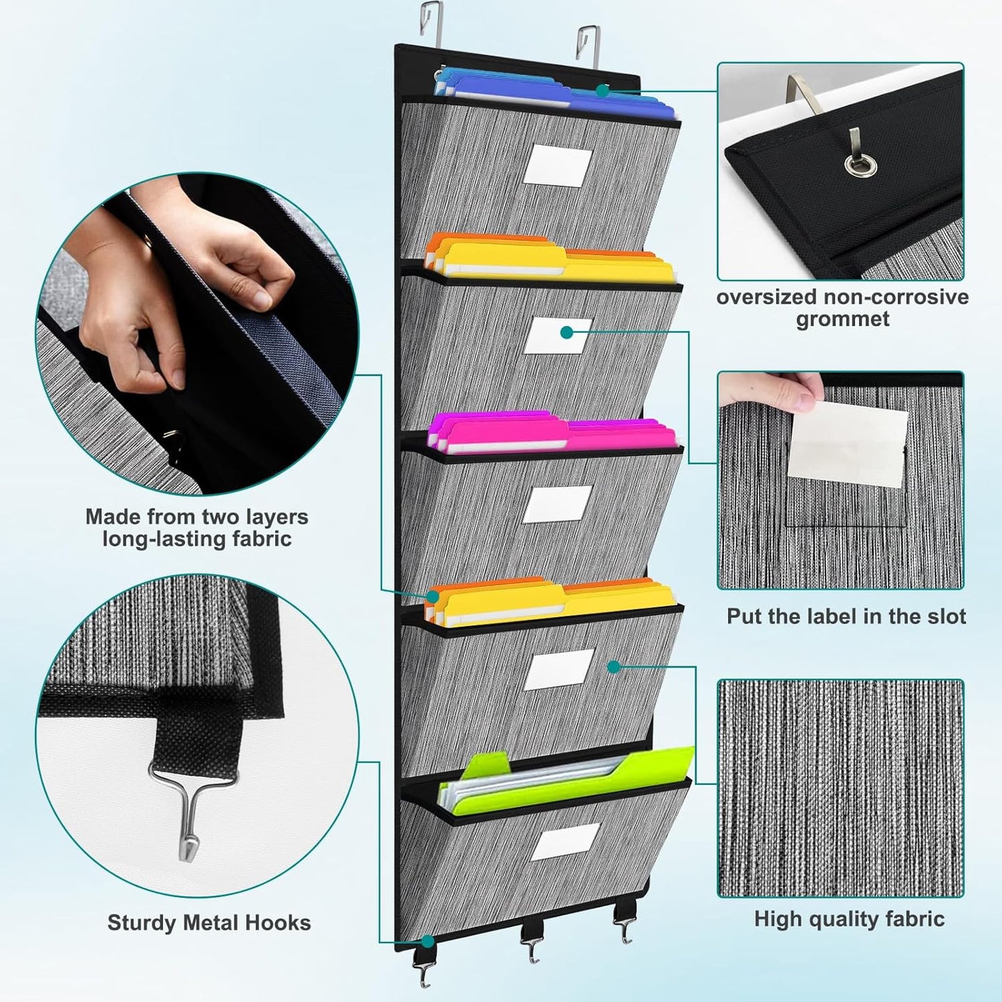 homyfort Over the Door File Organizer, Hanging File Folders, Wall Organizers and Storage for Mail, Magazine, Notebooks, Planners, Office, Classroom, 5 Extra Large Pockets, 50.39” Tall (Black)