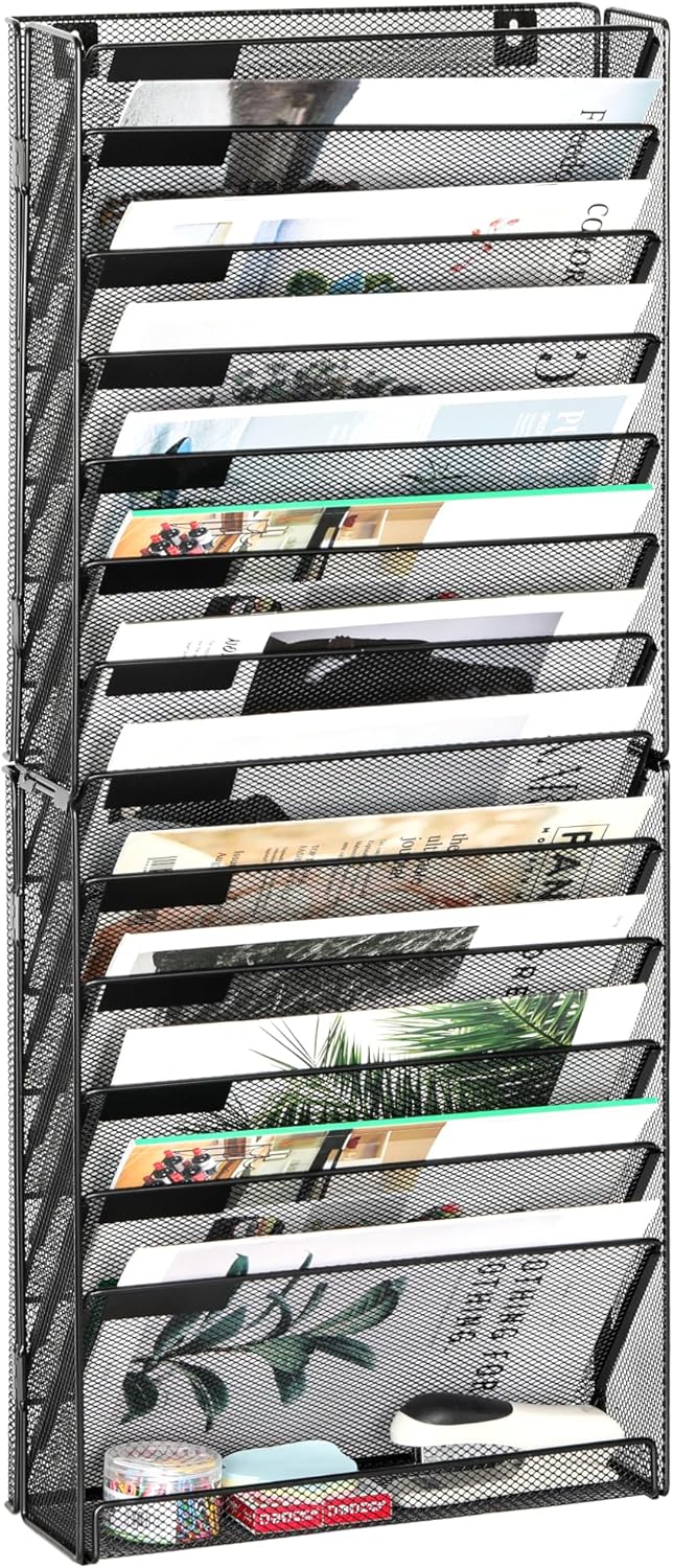 EasyPAG Wall File Holder Organizer 14 Tier Mesh Hanging Wall Mounted Document Paper Folder Filing Magazine Rack with Nametag Label for Office Home School, Black