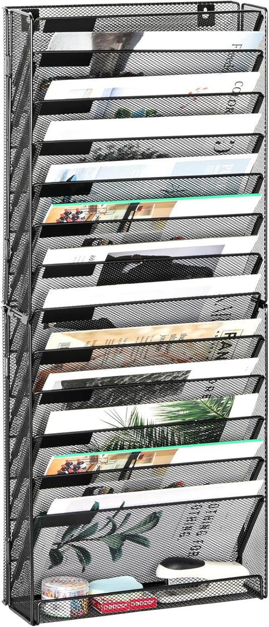 EasyPAG Wall File Holder Organizer 14 Tier Mesh Hanging Wall Mounted Document Paper Folder Filing Magazine Rack with Nametag Label for Office Home School, Black