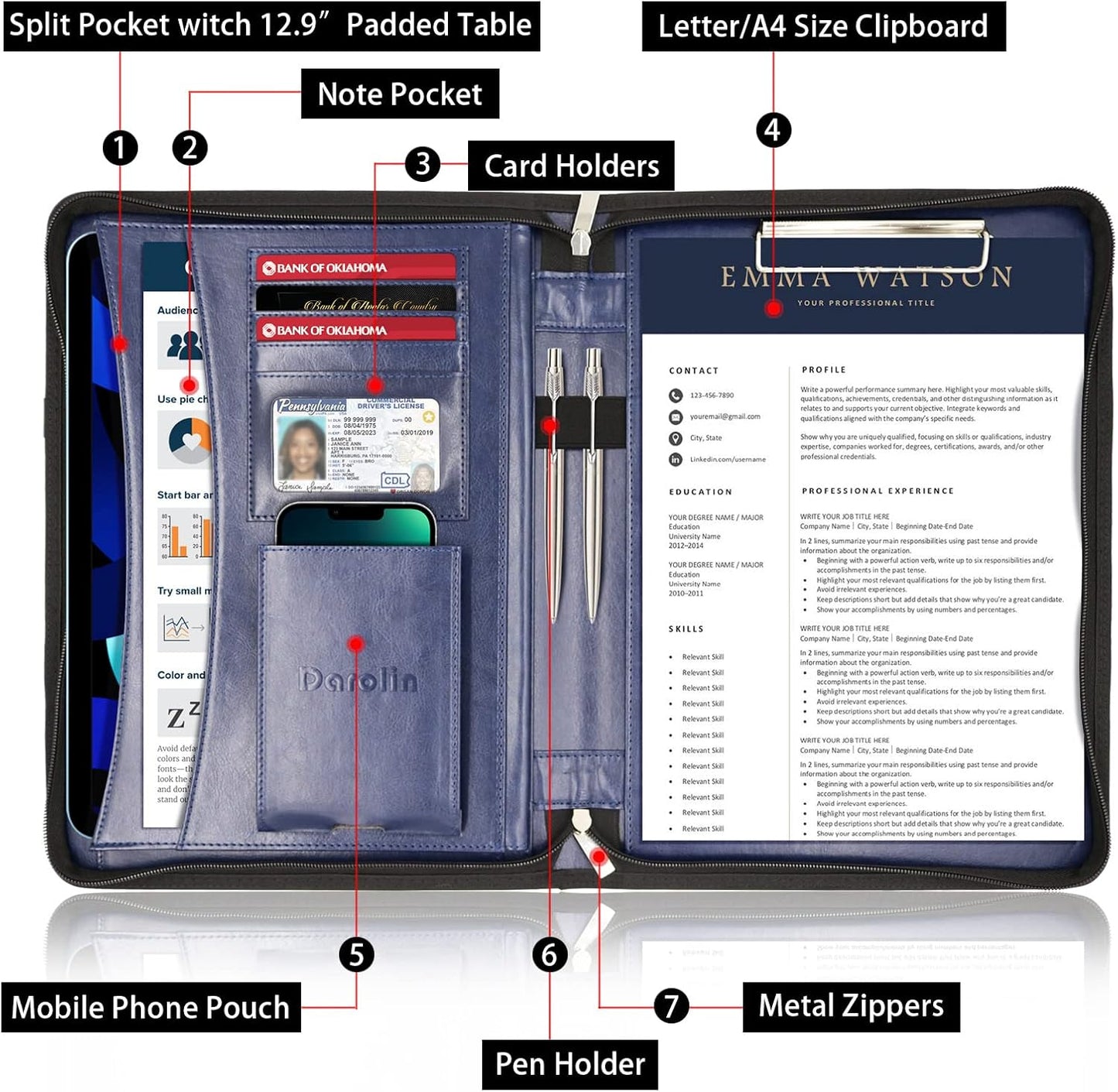 Darolin Zippered Leather Padfolio Portfolio with [Hidden Handle] and [Clipboard], Business Conference Organizer Notepad Folder, Portfolio Bag for Women/Men (Blue)