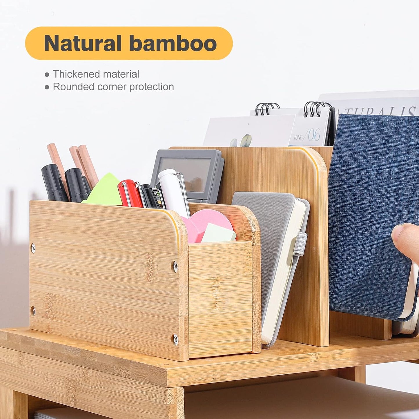Homde Bamboo Desk Organizer with File Holder, Office Organization for Desks with Adjustable Pen Holding, Desktop Letter Paper Tray Storage for Workplace Home School (3-Tier,Natural)