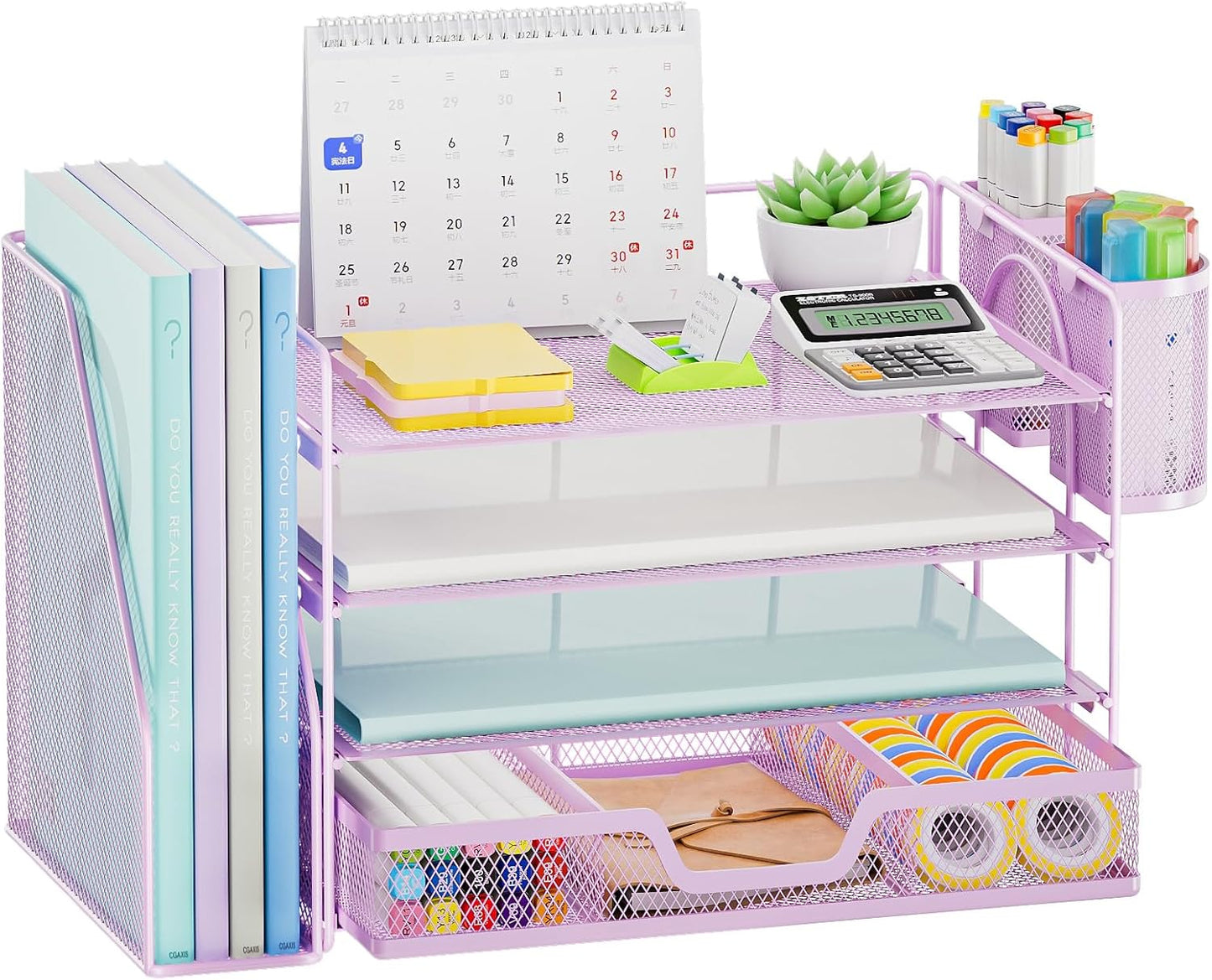Marbrasse Desk Organizer and Accessories，4-Tier Paper Letter Tray Organizer with File Holder, Workspace Desk Organizers Accessories with Drawer and 2 Pen Holder (Purple, 15.4" x 9.1" x 8.3")