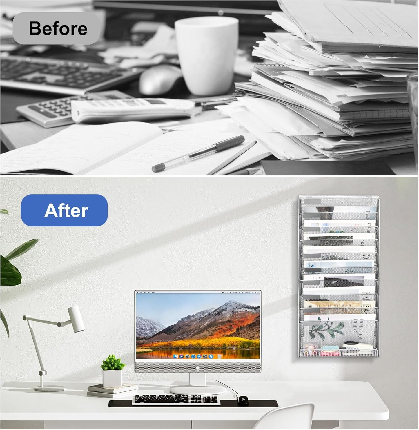 EasyPAG Wall File Holder Organizer 11 Tier Mesh Hanging Wall Mounted Document Paper Folder Filing Magazine Rack with Nametag Label for Office Home School, Silver