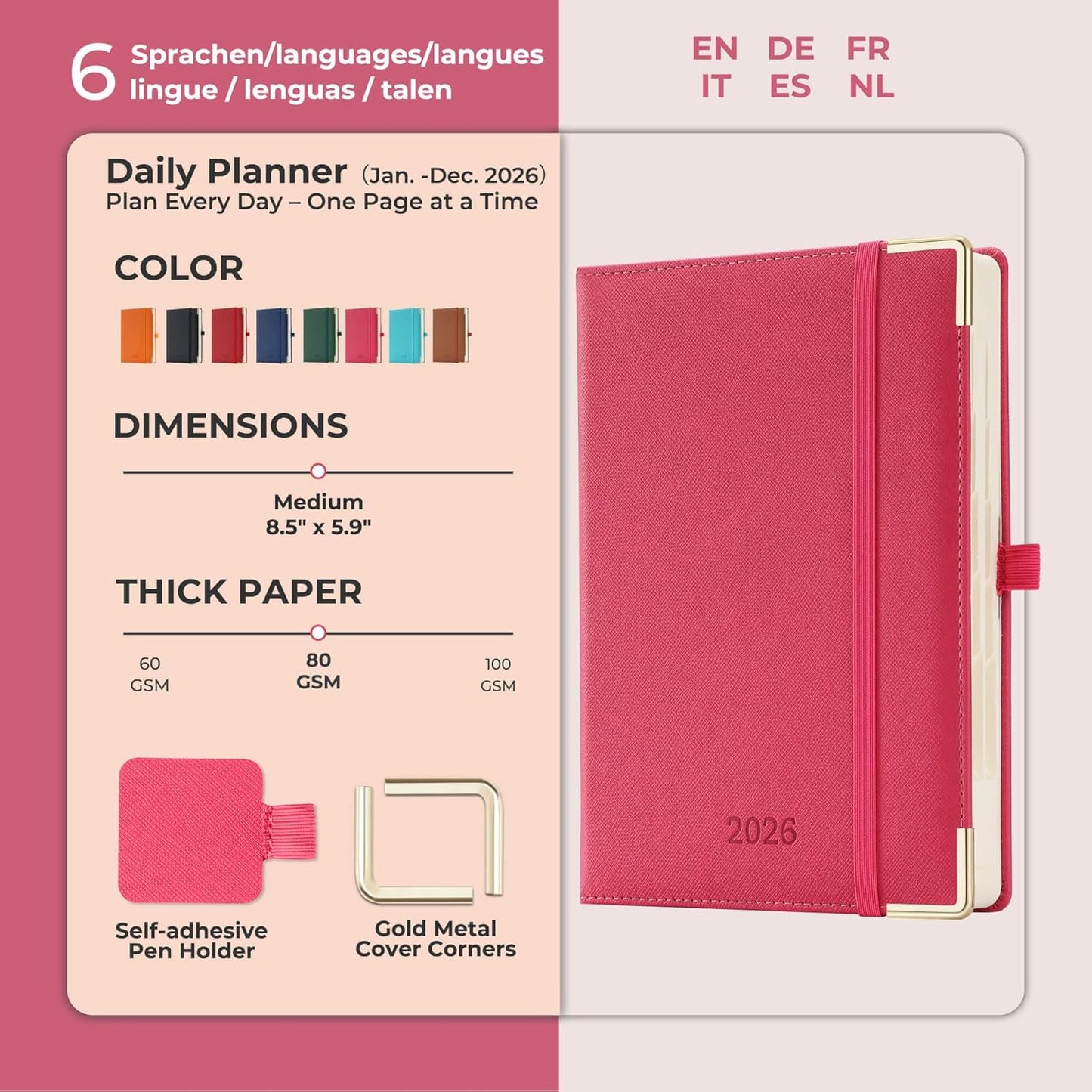 Daily Planner 2026 with One Page Per Day,(A5-8.5" x 5.9"),12 Months Calendar Hourly Appointment Book Monthly Tabs & Self-adhesive Pen Holder,Inner Pocket, Vegan Leather Hardback,Rose Red