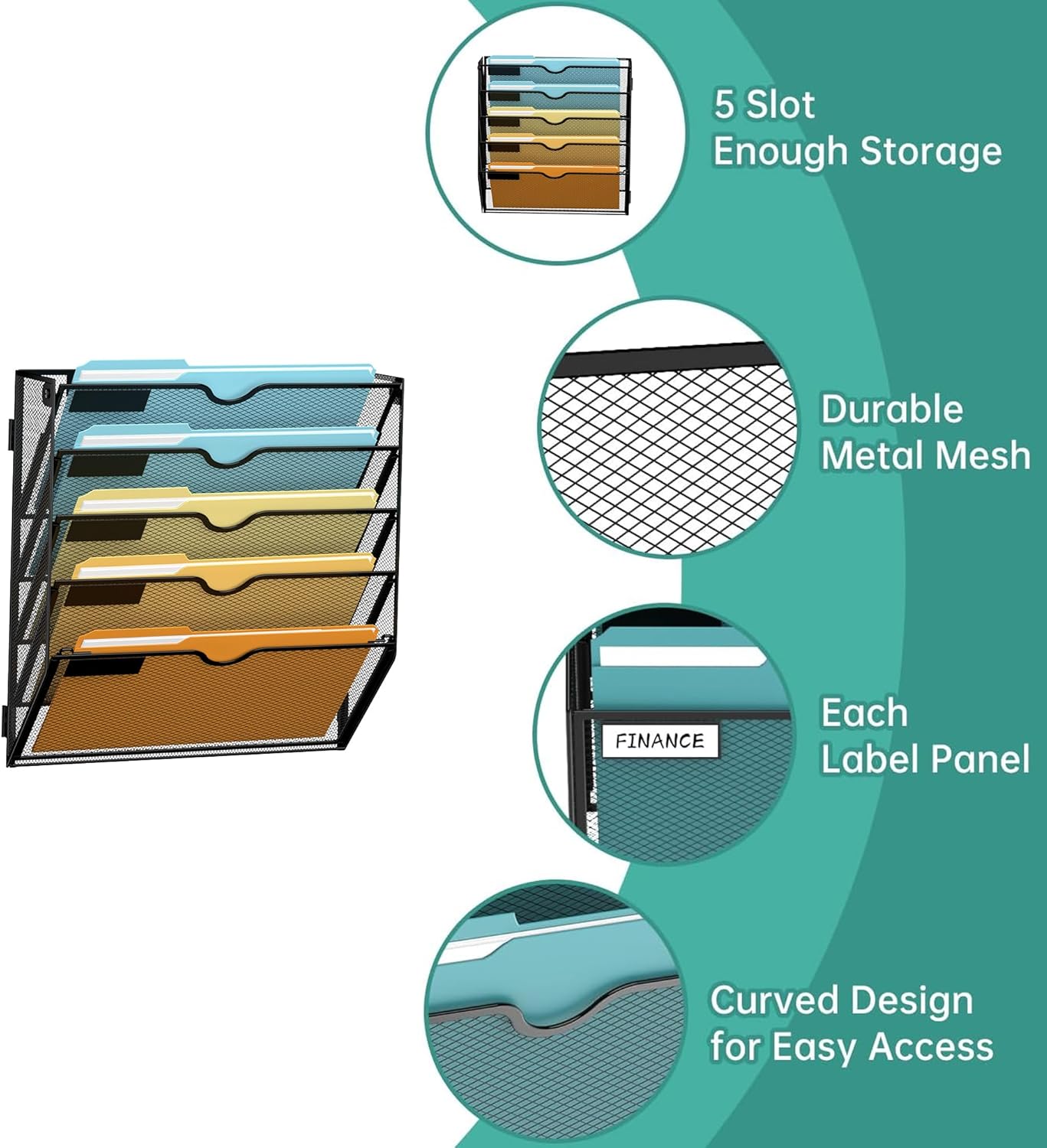 SUPEASY 5-Tier Wall File Organizer Mesh Office Mail Holder, Hanging Wall Organizer Magazine Rack for Office Black