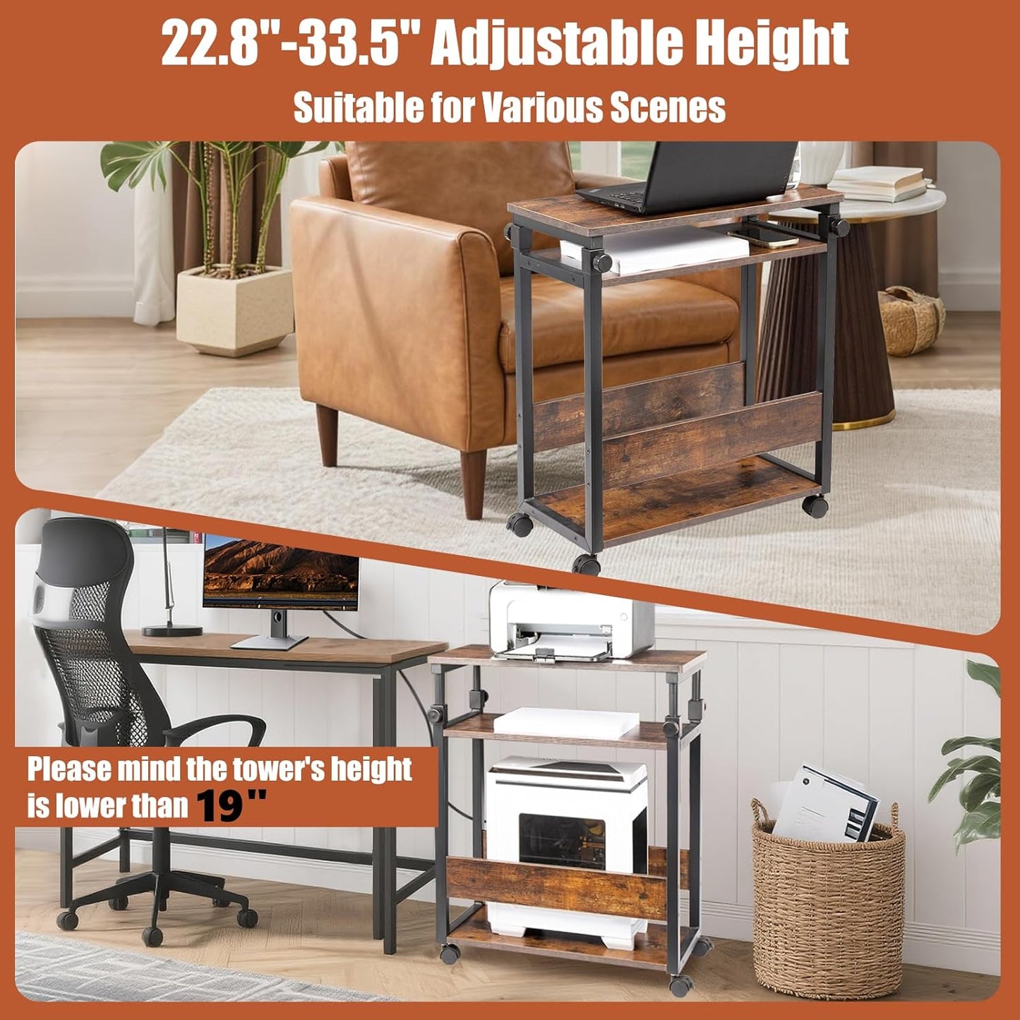 Height Adjustable Computer Tower Stand, Computer & Machine Carts, PC Tower Stand, Printer Stands with Wheels, 24" W x 12" D x 23"-38" H, Holds Up to 132 lbs (Fits Tower Lower Than 19")