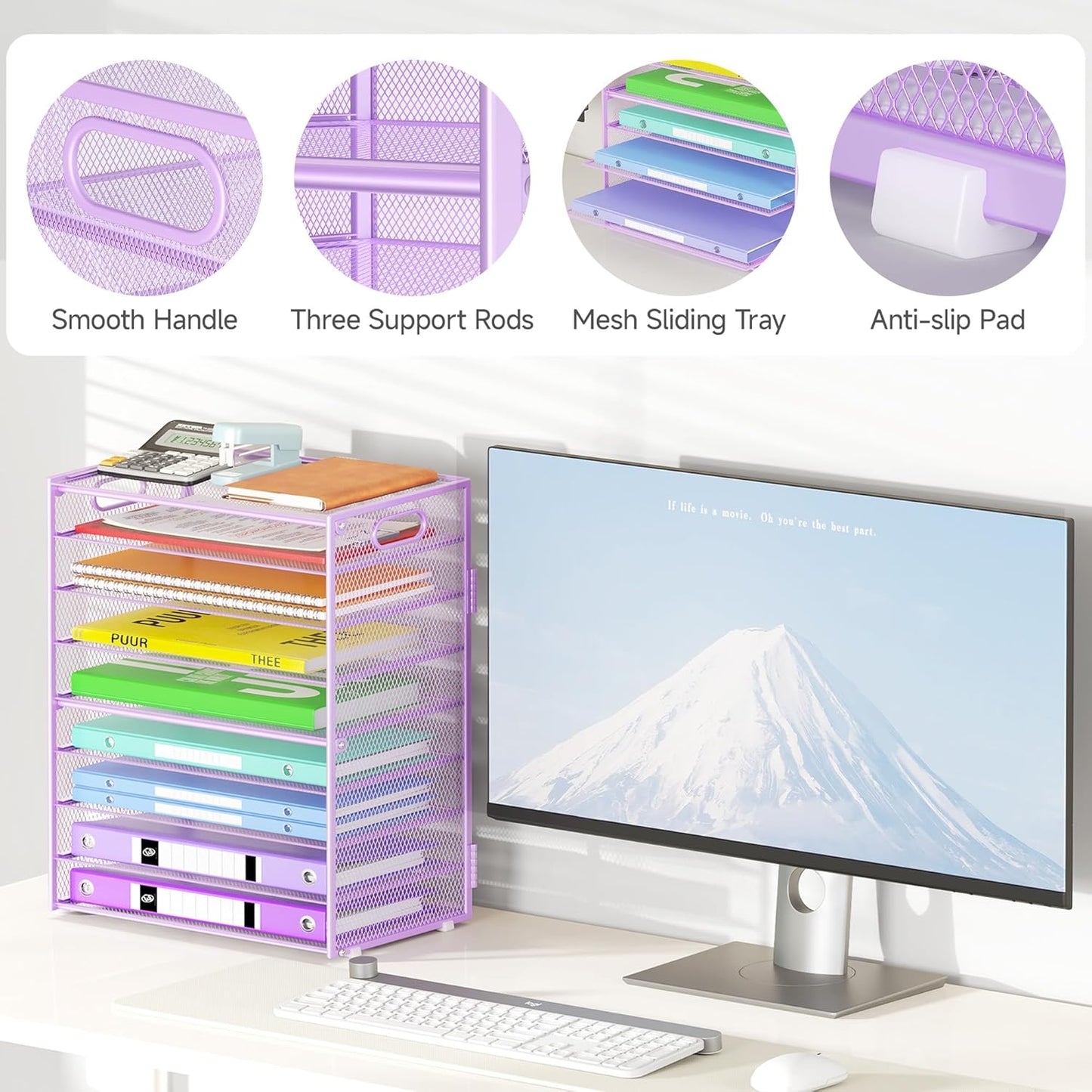9 Tier Paper Organizer with Handle, Large Capacity Desk Organizer Mesh File Folder Letter Paper Tray Desktop Document Sorter for Classroom, School, and Office Accessories Organization- Purple
