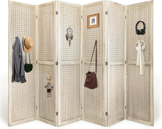2 Pack Room Divider, 5.6FT Folding Room Divider Panel, 6 Panel Pegboard Display Wood Partition Wall Divider for Room Separation& Craft Shows, Natural Wood