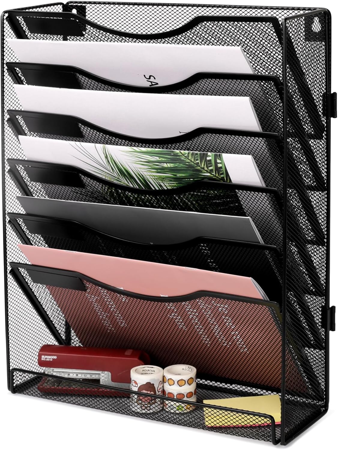 EasyPAG Wall File Holder Organizer 7 Tier Mesh Hanging Wall Mounted Document Paper Folder Filing Magazine Rack with Nametag Label for Office Home School, Black