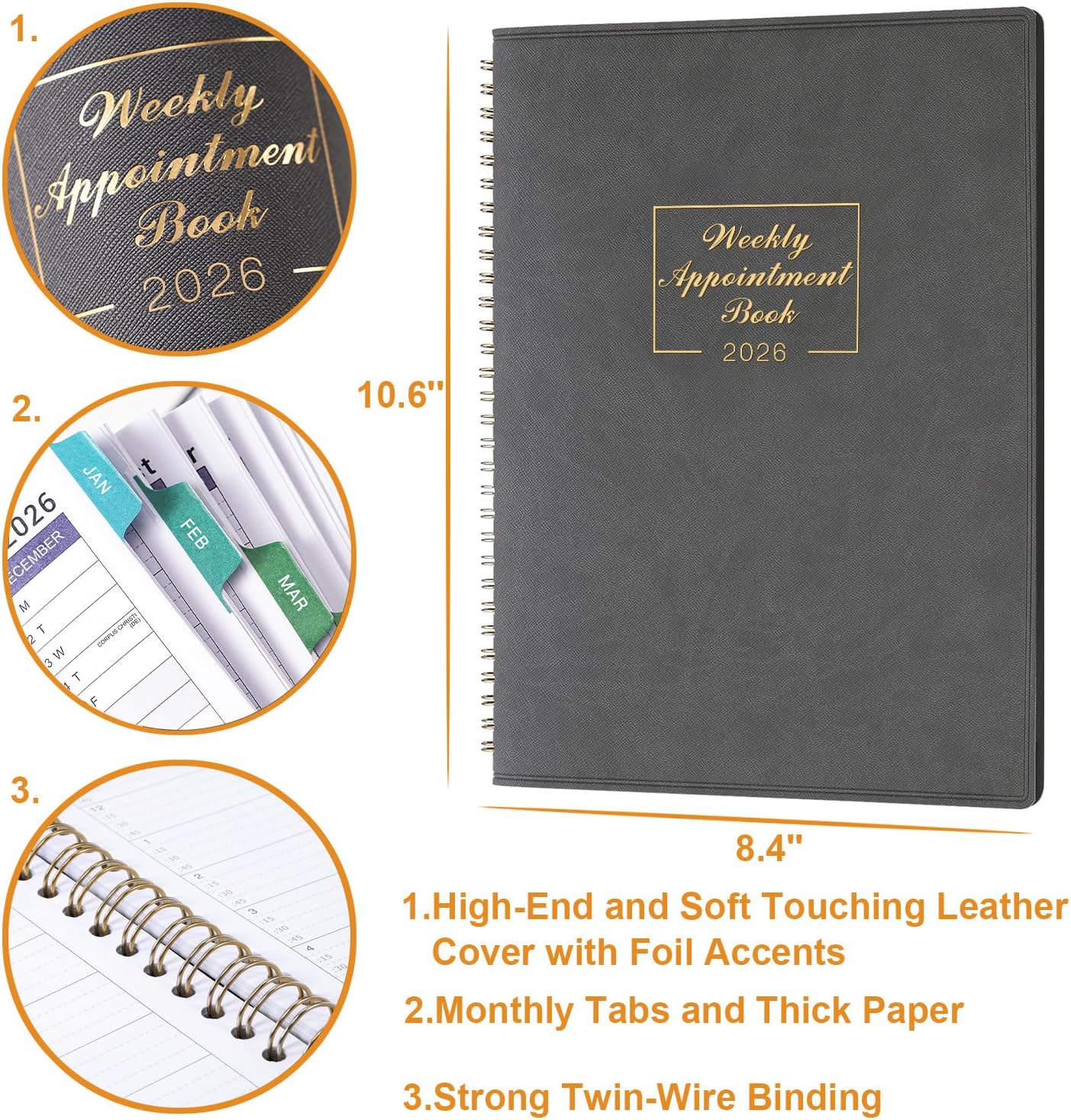 2026 Weekly Appointment Book - Daily Hourly Planner 2026, January 2026 - December 2026, 8.5" x 11", 15-Minute Interval, 12 Monthly Tabs, Flexible Soft Cover - Grey