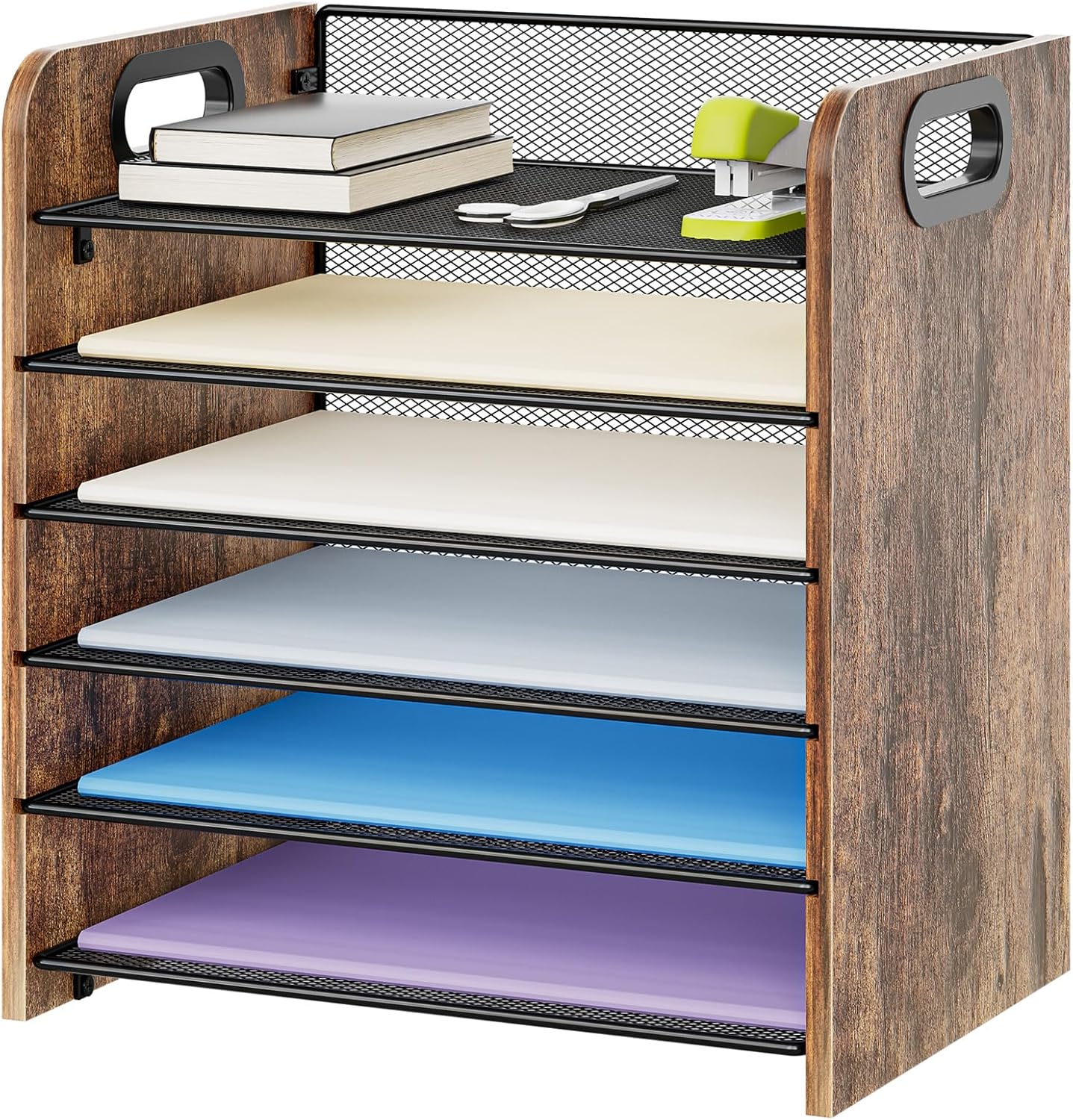 Marbrasse 6 Tier Paper Organizer Letter Tray - Wooden Desk File Organizer with Handle, Paper Sorter Organizer for Letter/A4 Office File Folder Holder