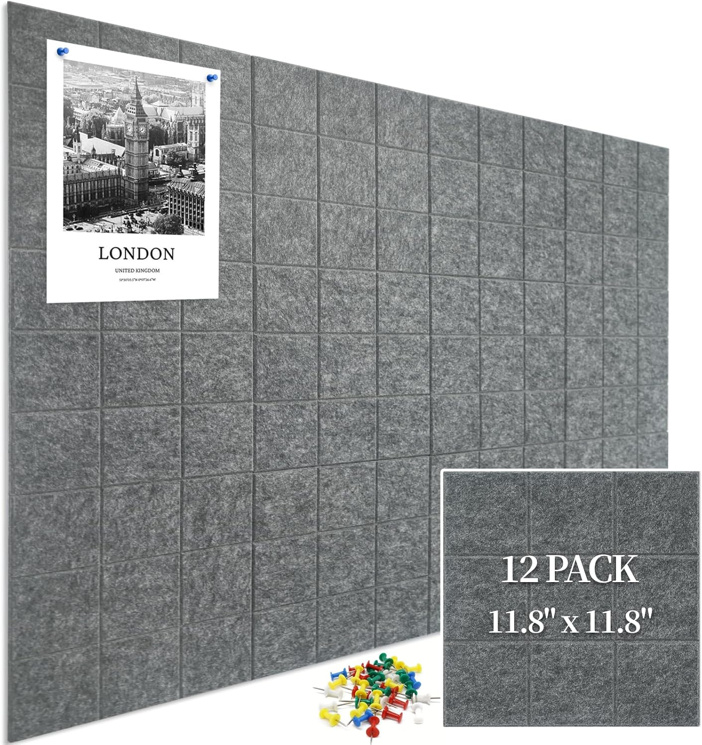 12 Pack Large Cork Board for Walls, 48" X 36" Felt Bulletin Board Tiles with 48 Safe Removable Adhesive Tabs & 60 Push Pin Board Decorative Cork Board Tack Board Wall Organizer for Office - Dark Grey