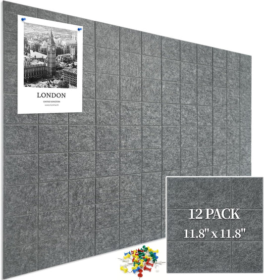 12 Pack Large Cork Board for Walls, 48" X 36" Felt Bulletin Board Tiles with 48 Safe Removable Adhesive Tabs & 60 Push Pin Board Decorative Cork Board Tack Board Wall Organizer for Office - Dark Grey