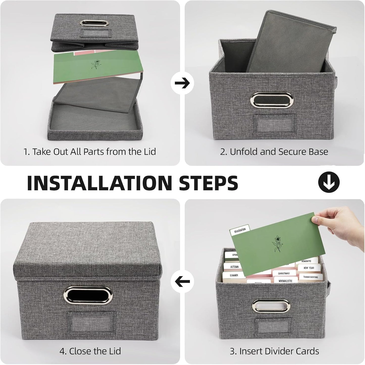 Greeting Card Storage Box, Linen Storage Box with 16 Adjustable Dividers, 84 Labels, 1 Marker Pen, Perfect for Organizing Greeting Cards, Envelopes, Photos 1 Pack Grey