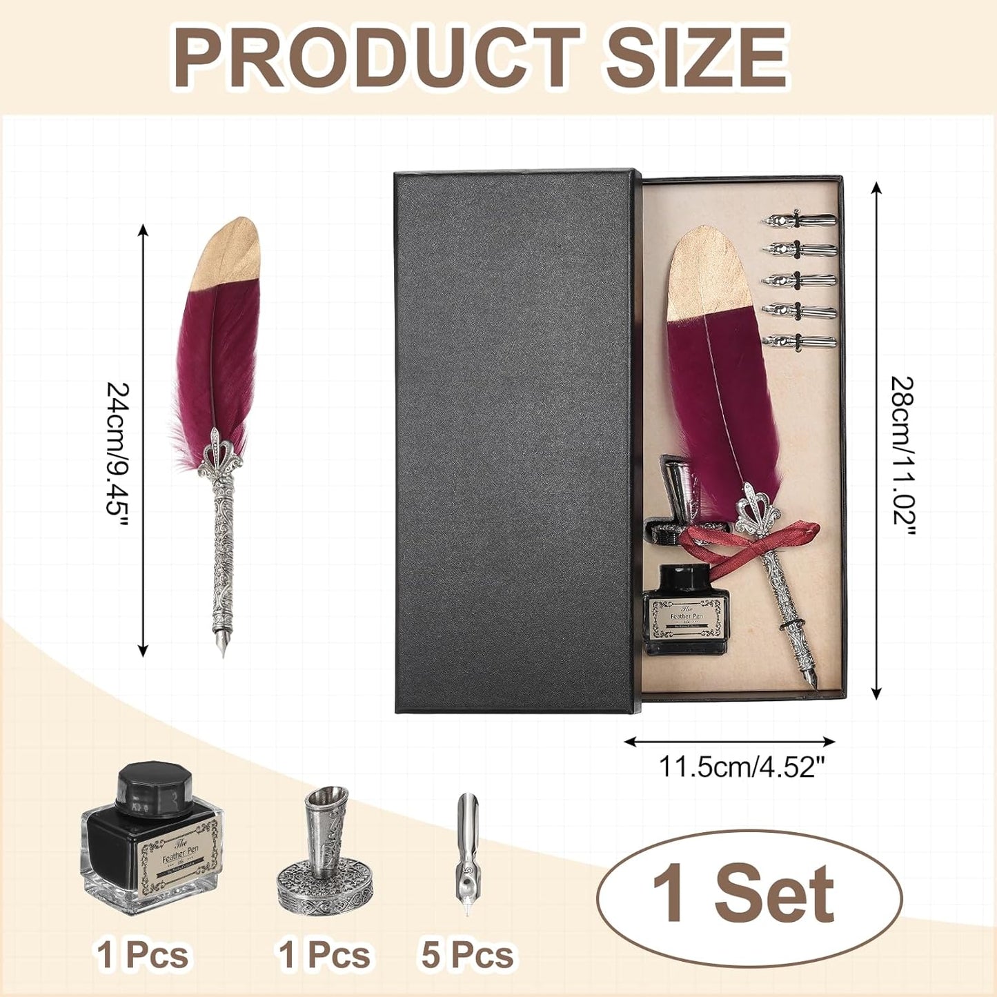 PATIKIL Feather Quill Pen Set, 1 Set Vintage Feather Calligraphy Pen Fountain Dip Pen Set with Ink, Pen Holder and Replacement Nibs for Beginner Writer Writing Gift, Dark Red