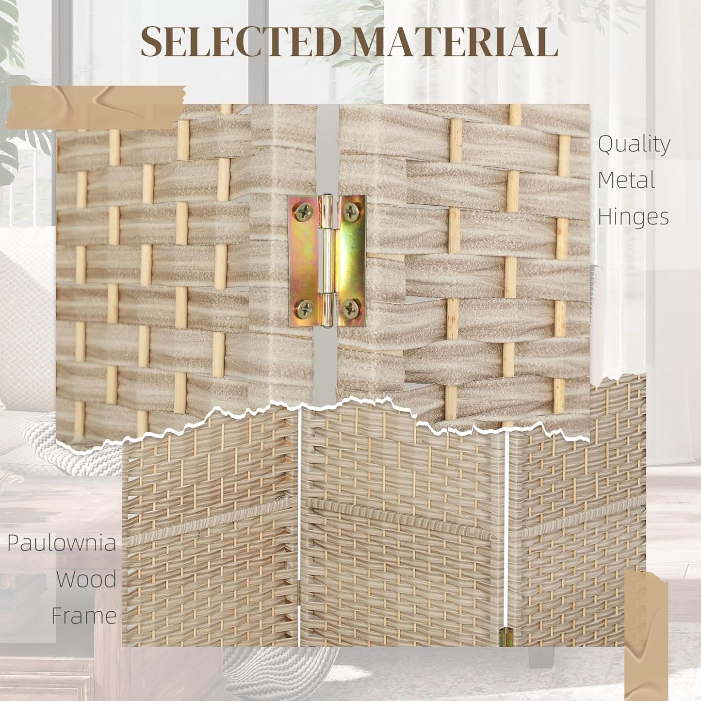 HOMCOM 3 Panel Room Divider, 6' Tall Folding Privacy Screen, Hand-Woven Freestanding Wall Partition for Home Office, Bedroom, Washed Oak