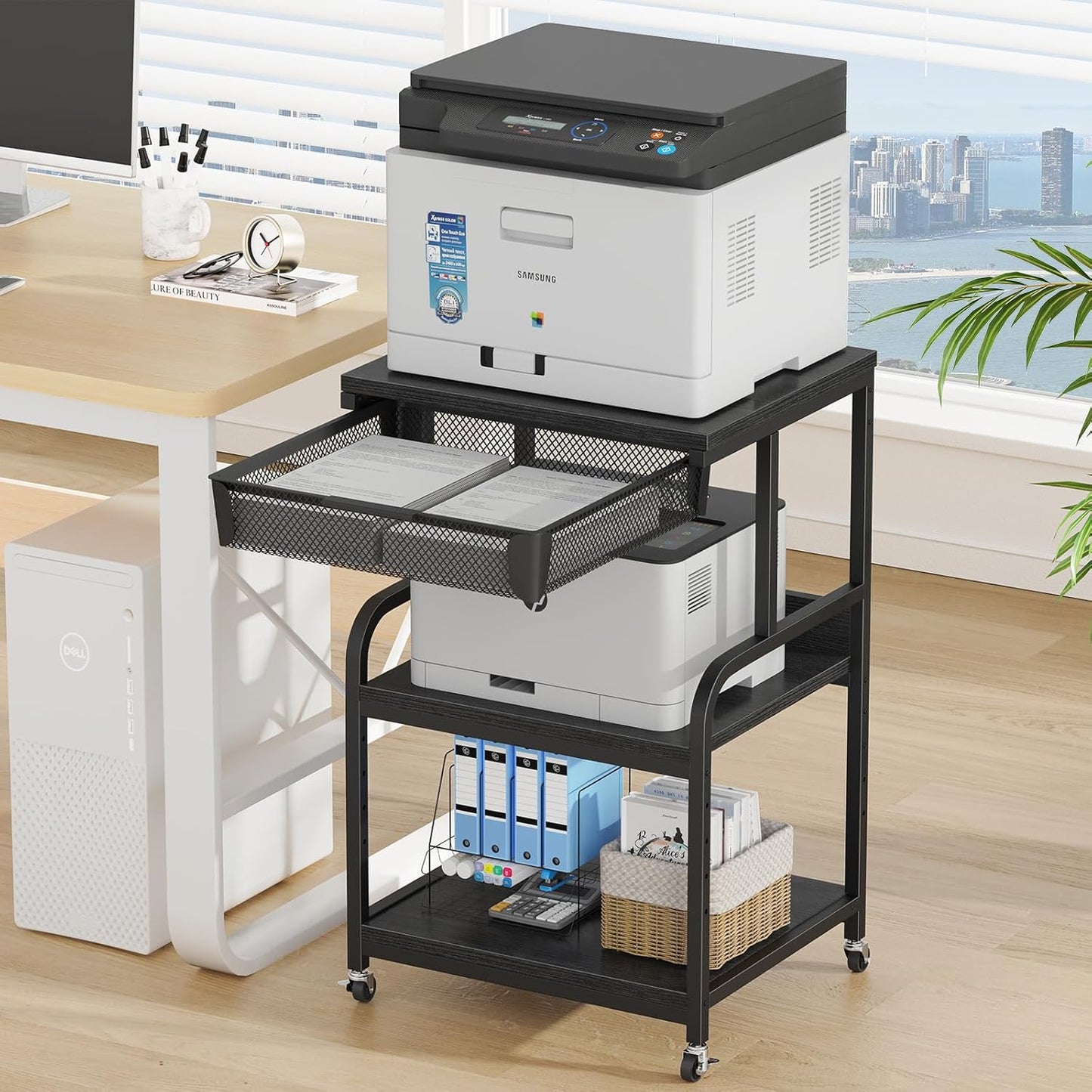 EasyCom Large Printer Stand with Storage Drawer, 5 Adjustable Shelf & 3-Tier Rolling Cart with Industrial Wheels for Desk, Mobile Printer Table for Home Office Fits 3D Printer Scanner Fax Black