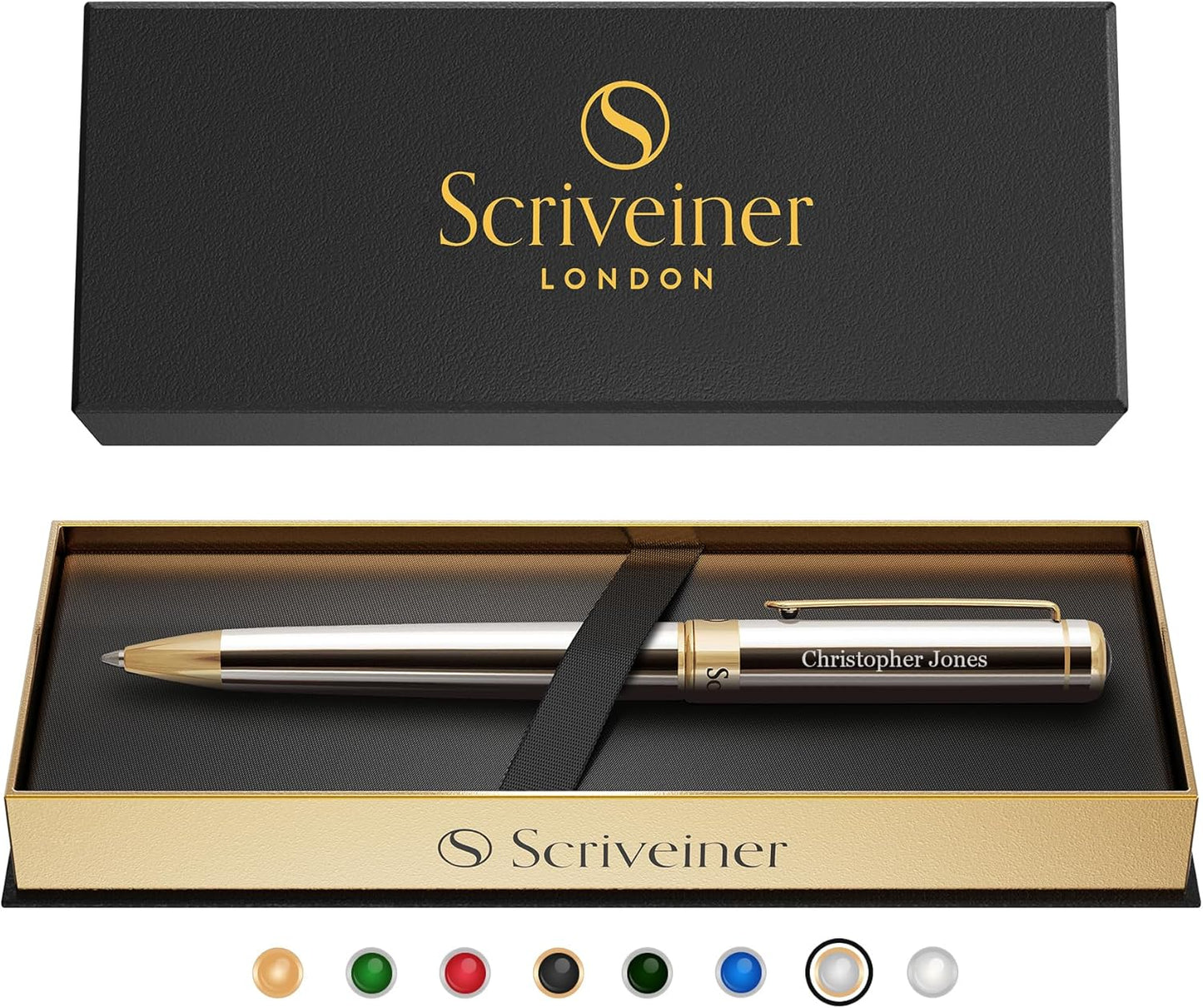 Scriveiner Personalized Silver Chrome Ballpoint Pen - Stunning Luxury Pen, Real Gold Plating, Schmidt Ink Refill, Best Engraved Ball Point Gift Set for Men & Women, Custom Name Engraving