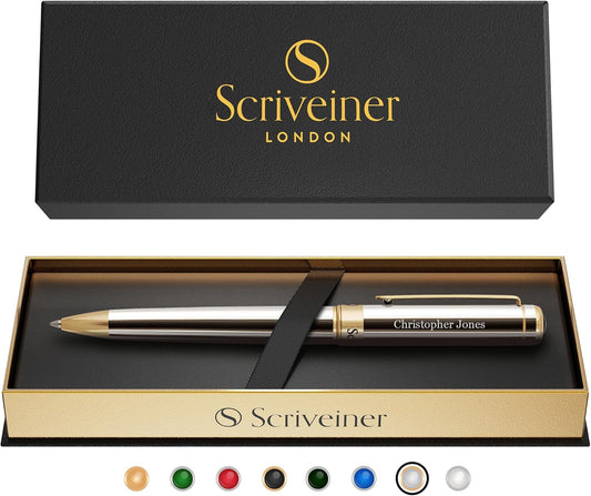 Scriveiner Personalized Silver Chrome Ballpoint Pen - Stunning Luxury Pen, Real Gold Plating, Schmidt Ink Refill, Best Engraved Ball Point Gift Set for Men & Women, Custom Name Engraving