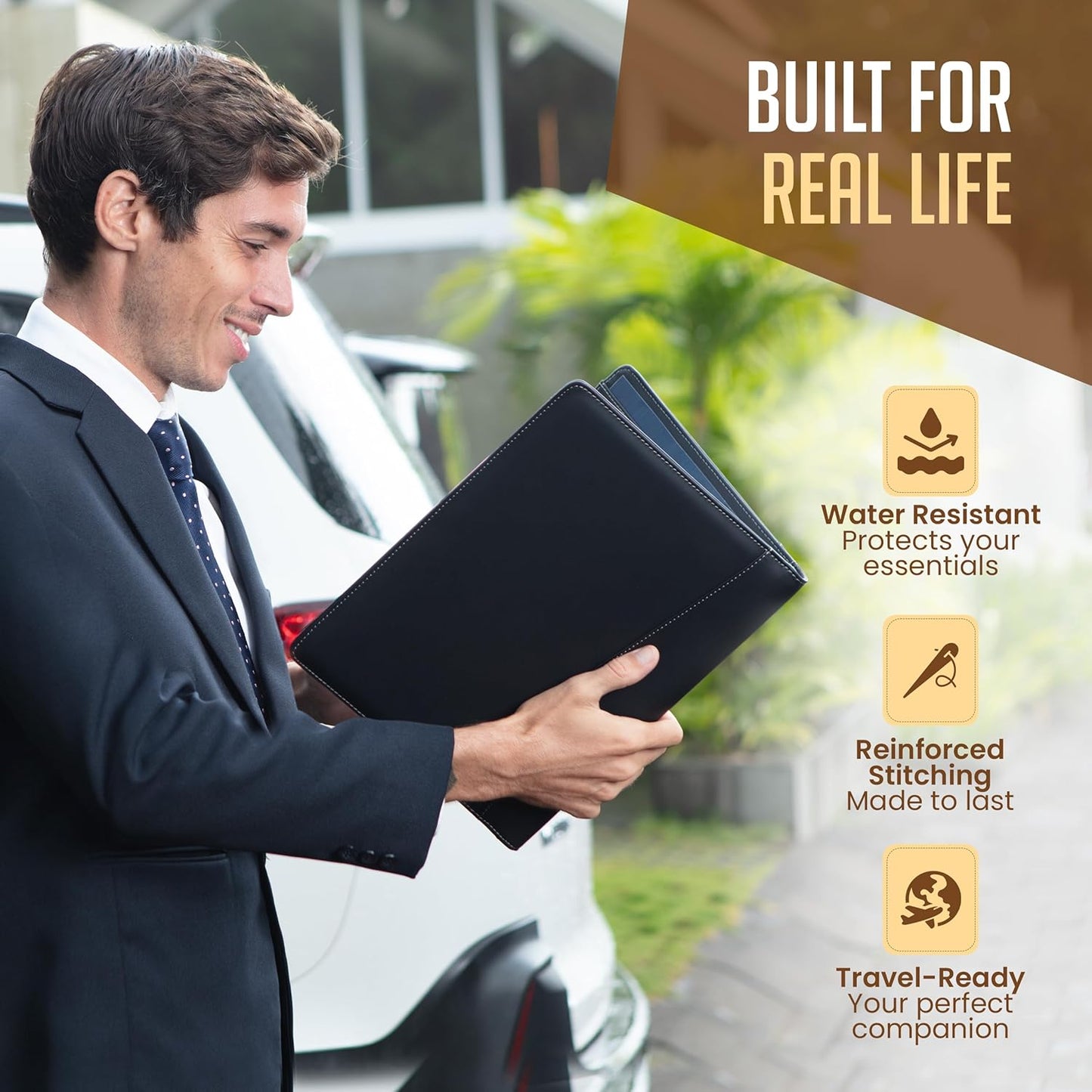 STYLIO Padfolio Portfolio Organizer Binder | Interview Resume Folder, Legal Document, Business Card Holder |w/Letter-Sized Notepad | Handsome Piano Noir Faux Leather Folio Matte Finish, Accent Stitch