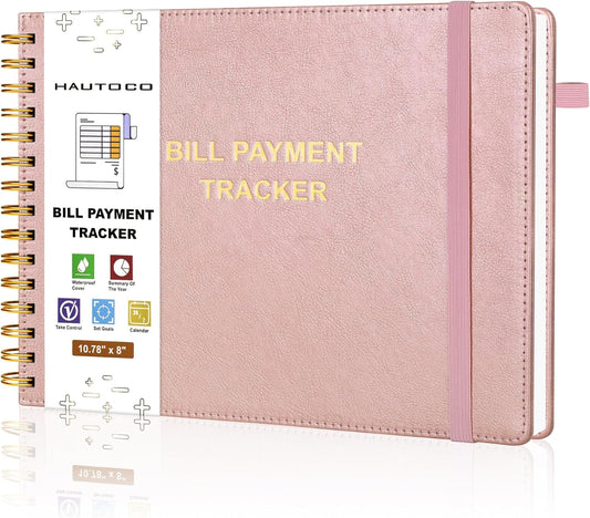 HAUTOCO Hardcover Bill Tracker Notebook Horizontal Monthly Bill Payment Organizer for Personal Budgeting Home Finance with 2 Storage Pocket Expense Checklist Tracking Planner 10.78 x 8'', Rose Gold