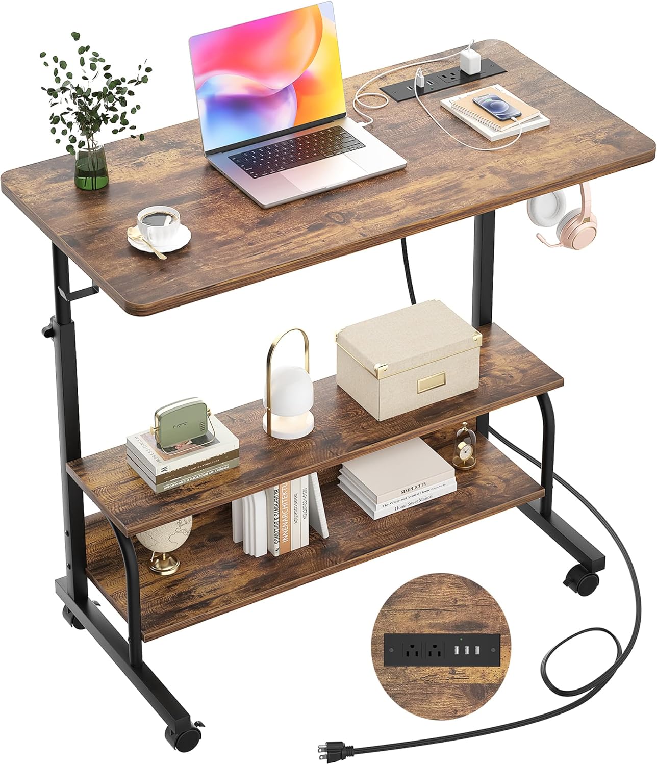 Height Adjustable Standing Desk with Power Outlets, 32" Manual Stand Up Desk with Storage Shelves Small Mobile Rolling Computer Desk Portable Laptop Table with Wheels for Home Office, Rustic