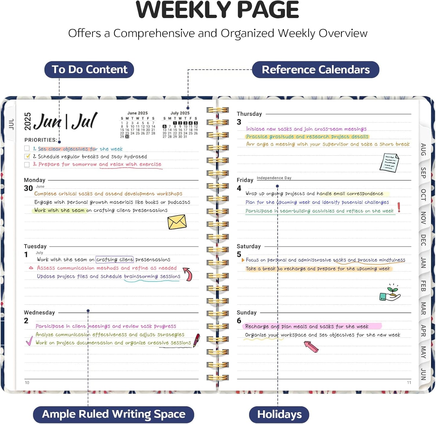 Planner 2025-2026, Academic Year Weekly and Monthly Calender Planner, July 2025 - June 2026, Spiral Bound School Planning Tool, Perfect for Teacher, Student, Women & Men - A5 (6.3" x 8.5"), Navy Bloom