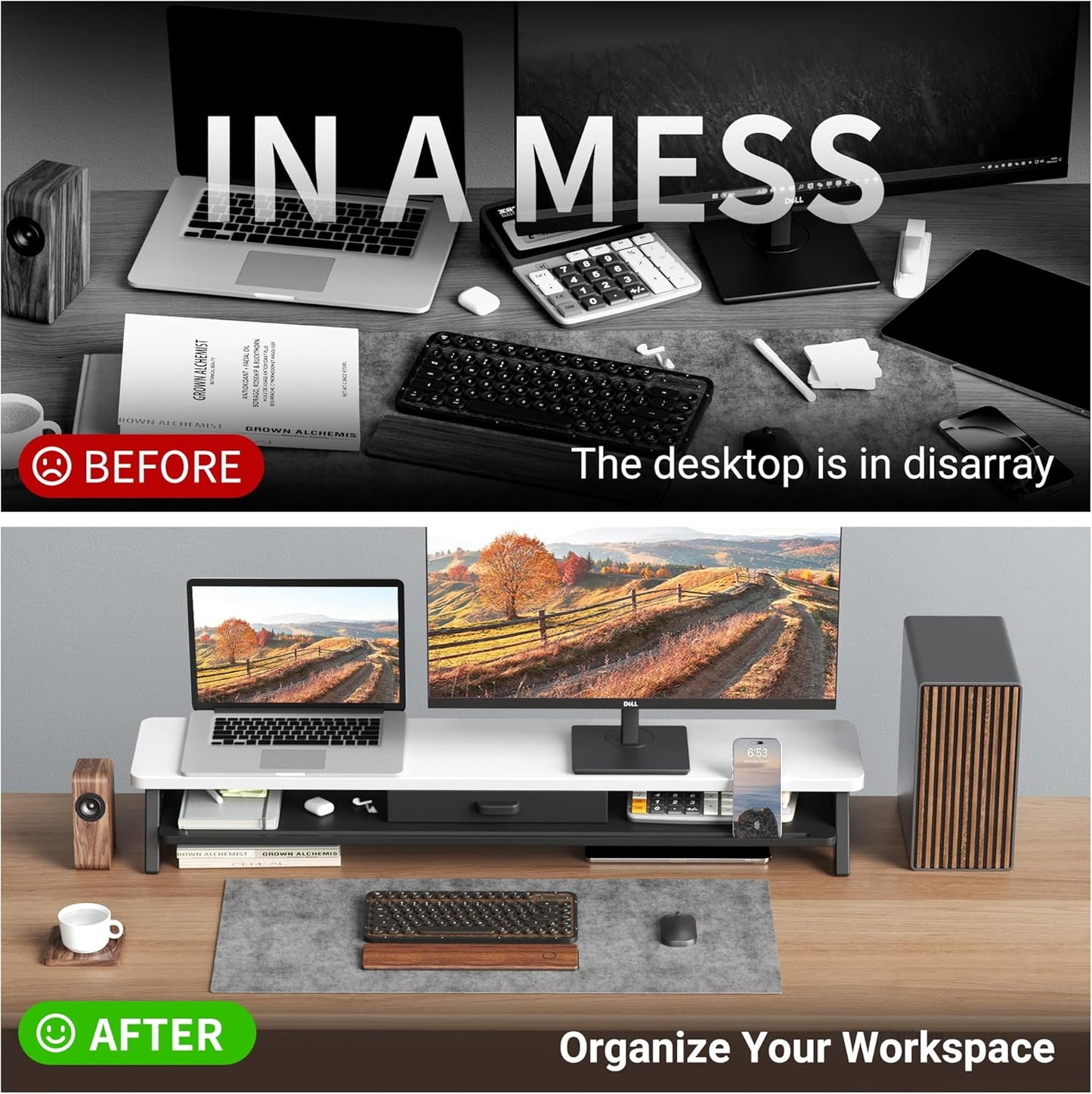 Dual Monitor Stand Riser,LED 2-Tier 39.3 Inch Computer Monitor Stand for 2 Monitors,Office Desktop Organizer with Storage Drawer and Phone Holder for Laptop,PC,Computer,Printer,Walnut