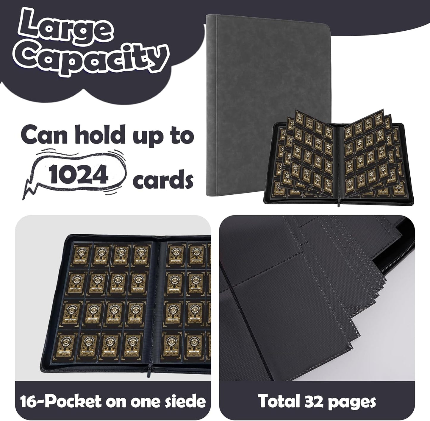 1000+ Pockets Trading Card Binder, 16 Pockets Trading Card Binder Ringless Side Loading Trading Card Album Folder for TCG,MTG,Sports Cards (Black)