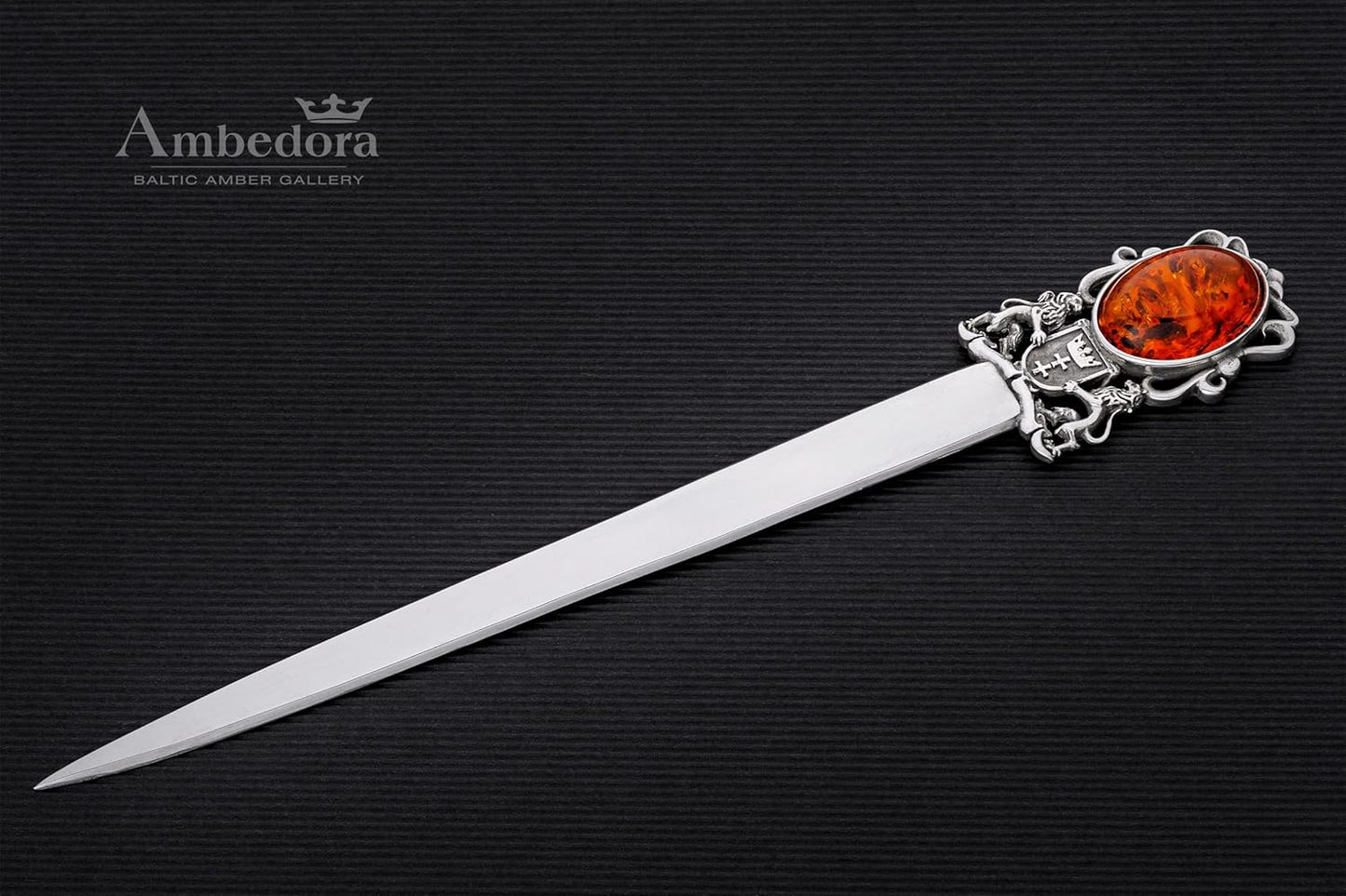 Silver Letter Opener with Baltic Amber, Oxidised Sterling Silver, Paper Knife with The Coat of Arms of Gdansk