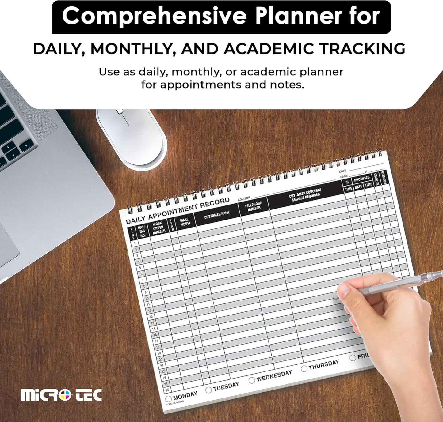 MICRO TEC Daily Appointment Record Log Books – 8.5" × 11" Spiral Bound Planner – Durable 90# Paper Notebook for Auto Repair Shops, Service Advisors & Daily Tracking - 100 Pages/Book (Book of 1)