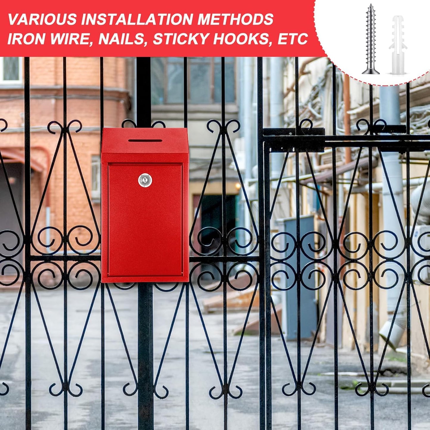 Metal Donation Cash Box Collection Safe Suggestion Box with Lock Wall Mounted Mailbox Delivery Ballot Container for Home Office Outdoor Door(Red)