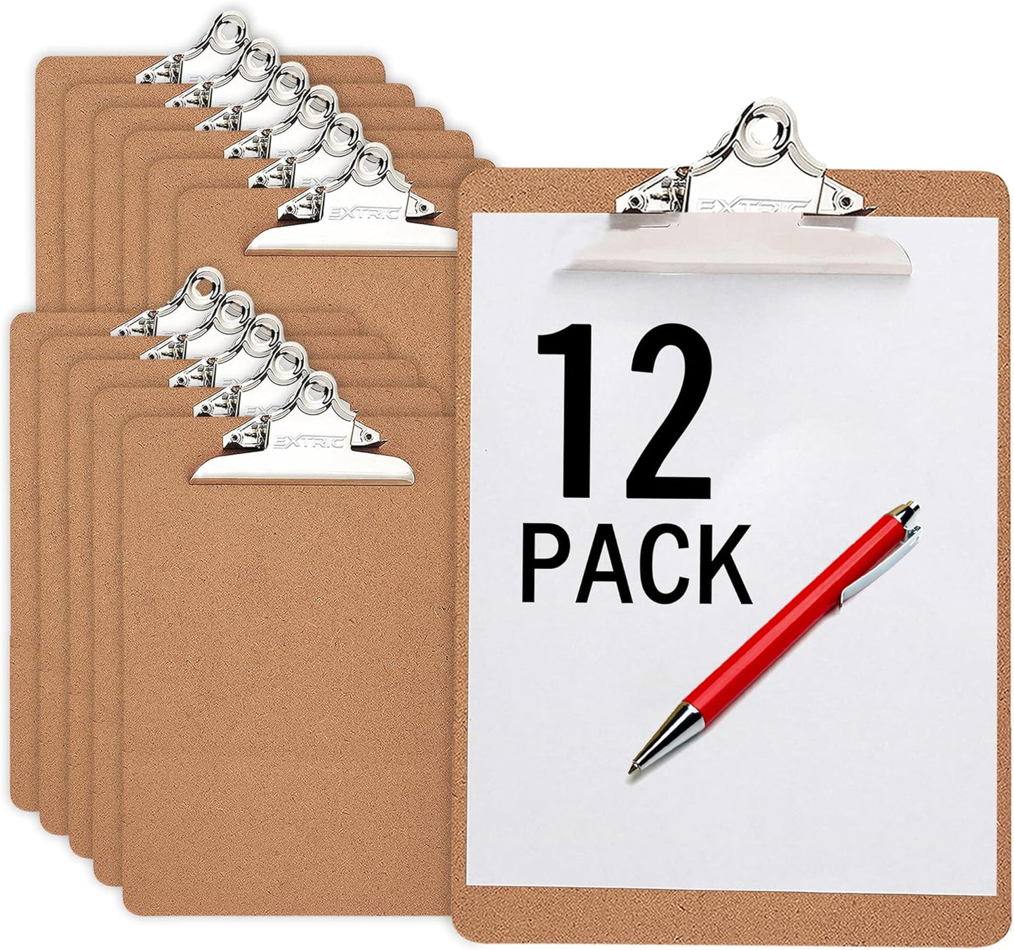 12 Clipboards, Standard A4 Letter Size Clipboard with 6" Metal Clip, 9" x 12.5", Fits 8.5x11 Inch Paper, Hardboard, Bulk Pack, Ideal for Schools and Office